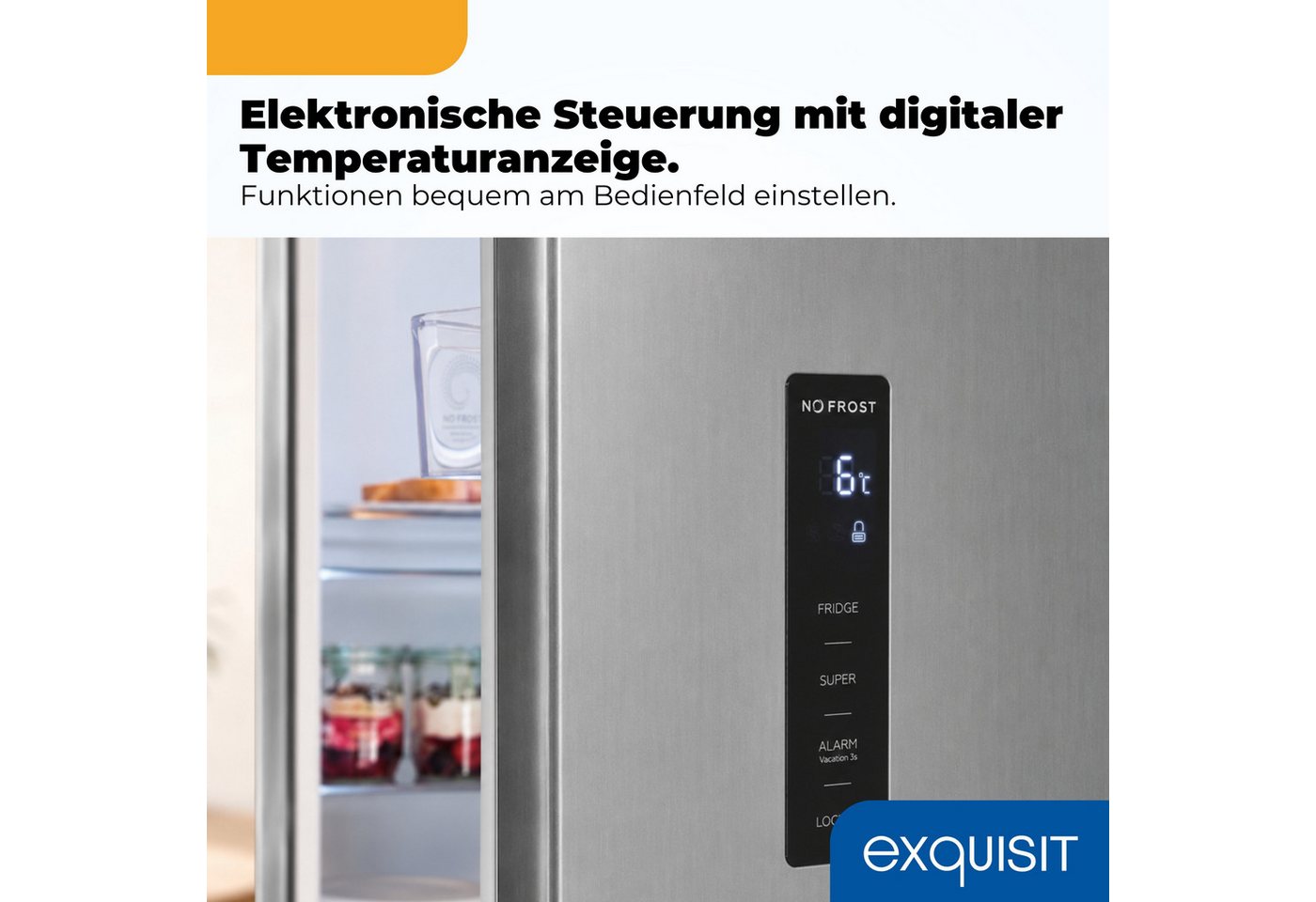 exquisit Vollraumkühlschrank KS5360-V-HE-040C inoxlook, 185 cm hoch, 60 cm breit, 359 l Nutzinhalt, LED Beleuchtung, 4 Ablagen, Energieklasse C Bild 5