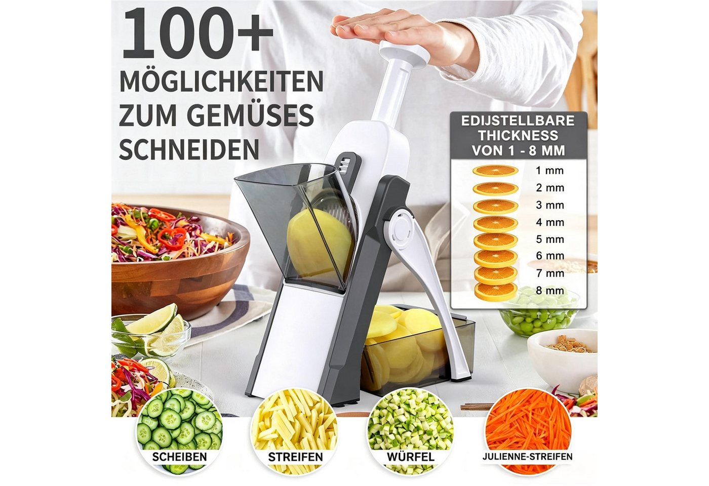 Kityhome Gemüseschneider Gemüseschneider 4-in-1 verstellbar Küchenhelfer Zerkleinerer, 4 Schneidmodi,Würfel / Stifte / Scheiben / Streifen / Julienne Bild 4