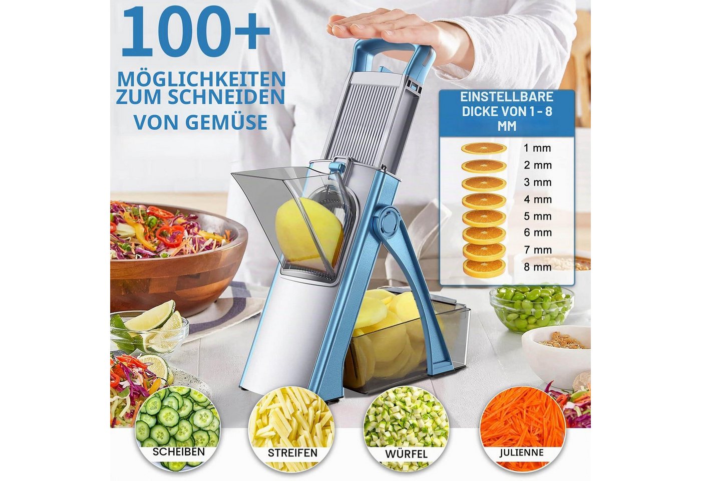 Kityhome Gemüseschneider Gemüseschneider 4-in-1 mit Auffangbecken Pommes Schneider, 4 Schneidmodi,420er Edelstahlklingen,klappbares Design Bild 4