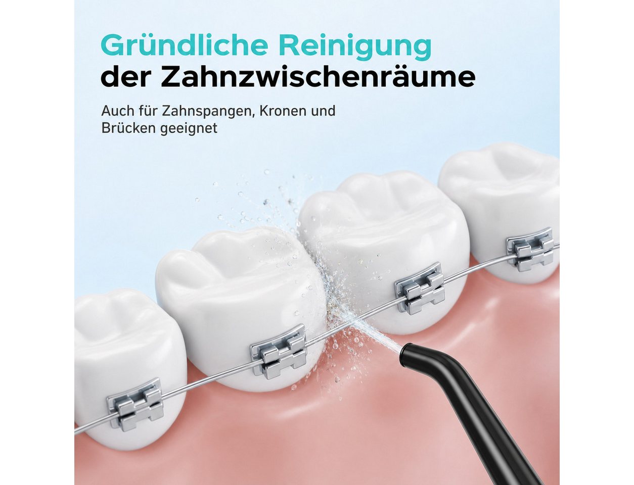 Futicare Munddusche kabellos mit UVC-Selbstreinigung, 4 Modi & 3 Druckstufen, Aufsätze: 6 St., OLED-Anzeige, 335-ml-Wassertank, 6 Aufsätze, USB-C, Schwarz