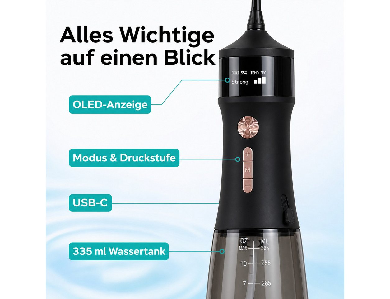 Futicare Munddusche kabellos mit UVC-Selbstreinigung, 4 Modi & 3 Druckstufen, Aufsätze: 6 St., OLED-Anzeige, 335-ml-Wassertank, 6 Aufsätze, USB-C, Schwarz Bild 2