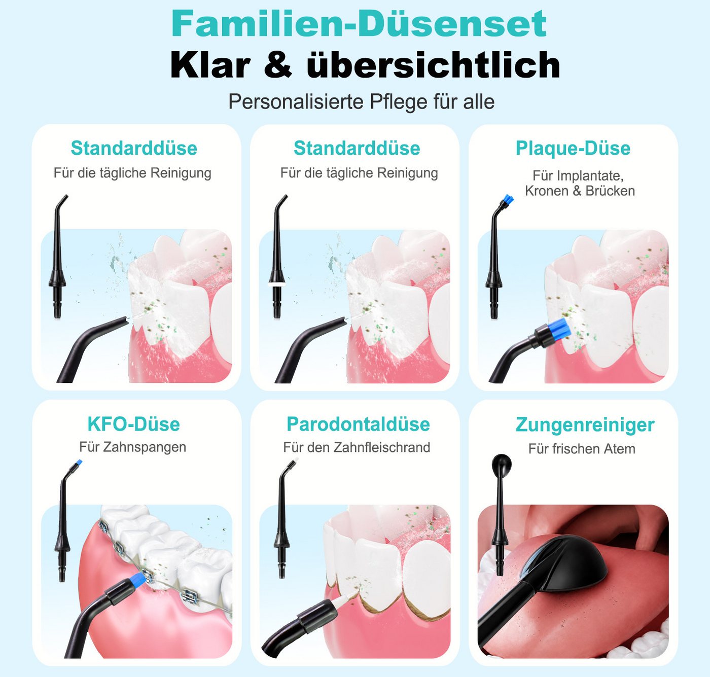 Futicare Munddusche kabellos mit UVC-Selbstreinigung, 4 Modi & 3 Druckstufen, Aufsätze: 6 St., OLED-Anzeige, 335-ml-Wassertank, 6 Aufsätze, USB-C, Schwarz Bild 3