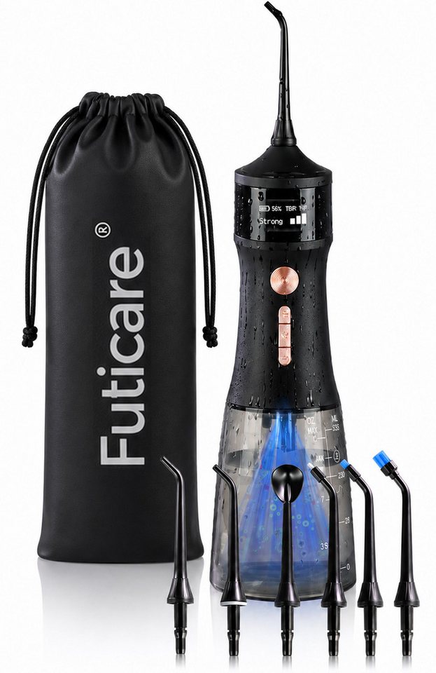 Futicare Munddusche kabellos mit UVC-Selbstreinigung, 4 Modi & 3 Druckstufen, Aufsätze: 6 St., OLED-Anzeige, 335-ml-Wassertank, 6 Aufsätze, USB-C, Schwarz Bild 4