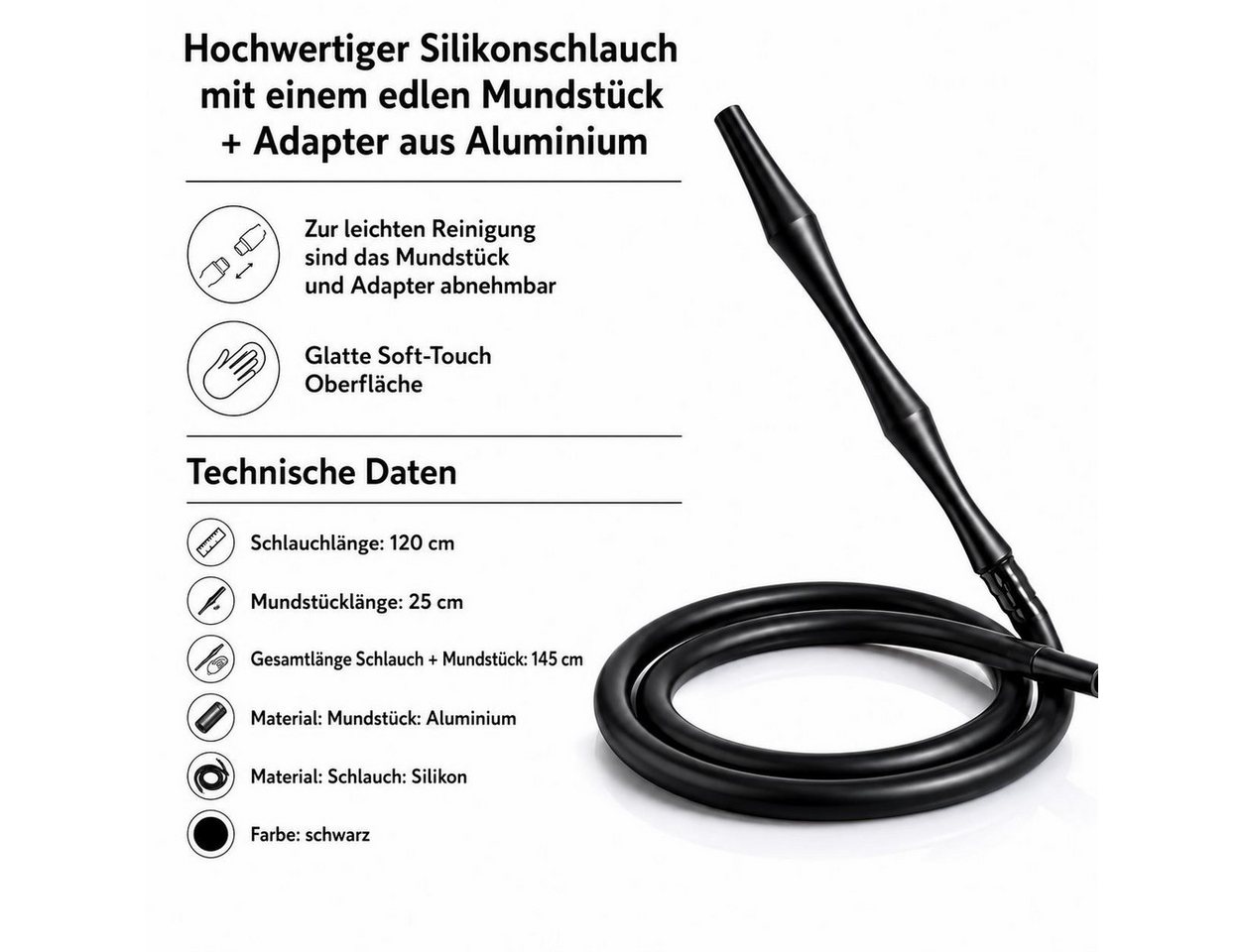 BAYLI flexibler Schlauch Bayli 1,45 m Soft Touch Shisha Silikonschlauch mit Mundstück + Adapter, Zubehör für Shisha, Wasserpfeife Bild 3