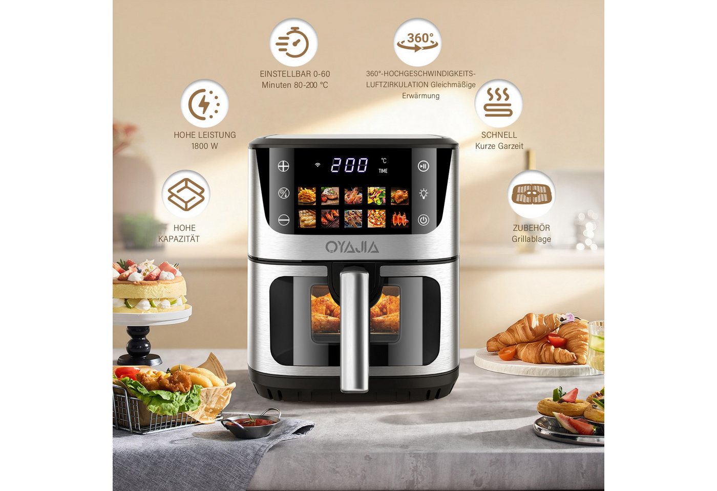 oyajia Heißluftfritteuse 9 Liter XXL Air Fryer, 10in1 Heißluftfritteuse, Farb-LED-Display mit Sensor-Touch Bedienung, fettfreie Zubereitung, inkl. Timer, platzsparend, spülmaschinenfester Korb, 1800,00 W, Heißluftfritteuse ohne Öl, Warmhaltefunktion
