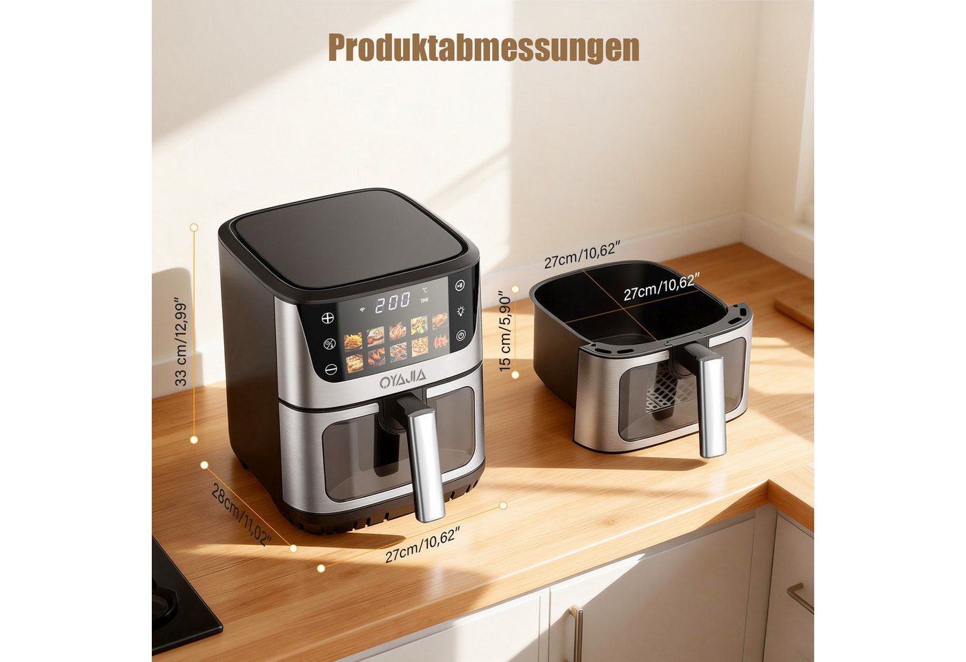 oyajia Heißluftfritteuse 9 Liter XXL Air Fryer, 10in1 Heißluftfritteuse, Farb-LED-Display mit Sensor-Touch Bedienung, fettfreie Zubereitung, inkl. Timer, platzsparend, spülmaschinenfester Korb, 1800,00 W, Heißluftfritteuse ohne Öl, Warmhaltefunktion Bild 3
