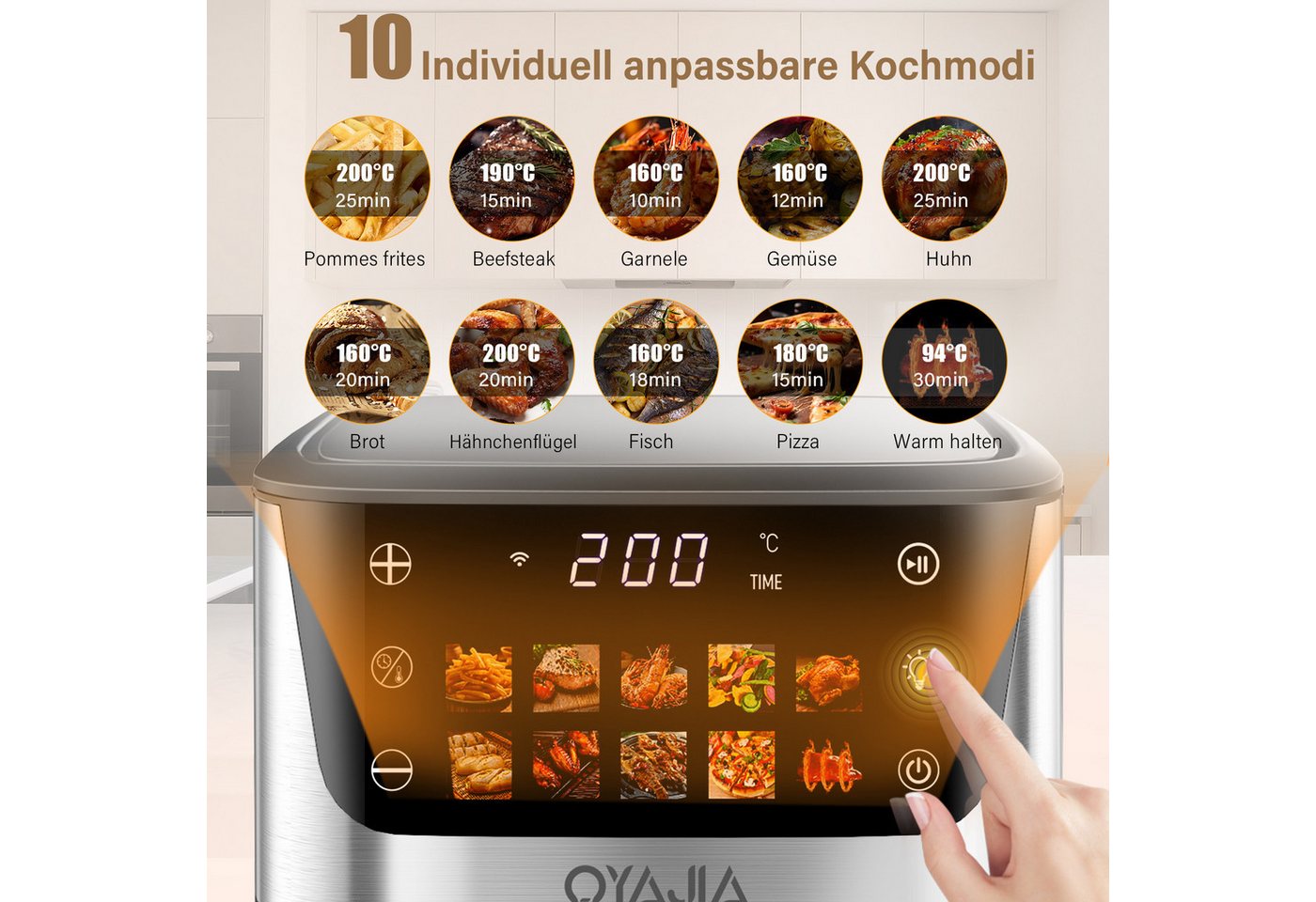 oyajia Heißluftfritteuse 9 Liter XXL Air Fryer, 10in1 Heißluftfritteuse, Farb-LED-Display mit Sensor-Touch Bedienung, fettfreie Zubereitung, inkl. Timer, platzsparend, spülmaschinenfester Korb, 1800,00 W, Heißluftfritteuse ohne Öl, Warmhaltefunktion Bild 4
