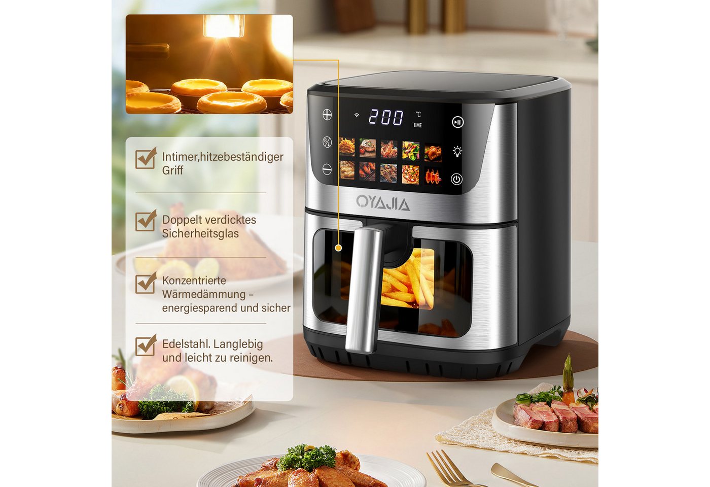 oyajia Heißluftfritteuse 9 Liter XXL Air Fryer, 10in1 Heißluftfritteuse, Farb-LED-Display mit Sensor-Touch Bedienung, fettfreie Zubereitung, inkl. Timer, platzsparend, spülmaschinenfester Korb, 1800,00 W, Heißluftfritteuse ohne Öl, Warmhaltefunktion Bild 5