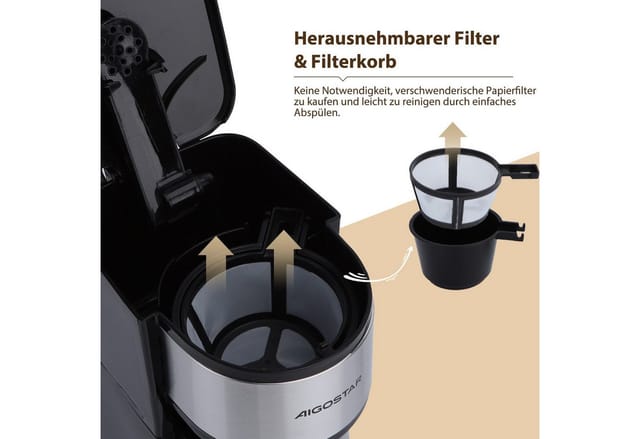 Aigostar Kaffeemaschine mit Mahlwerk, Korbfilter, Kaffeemaschine mit Thermobecher, 24h-Timer, AutoClean-Funktion