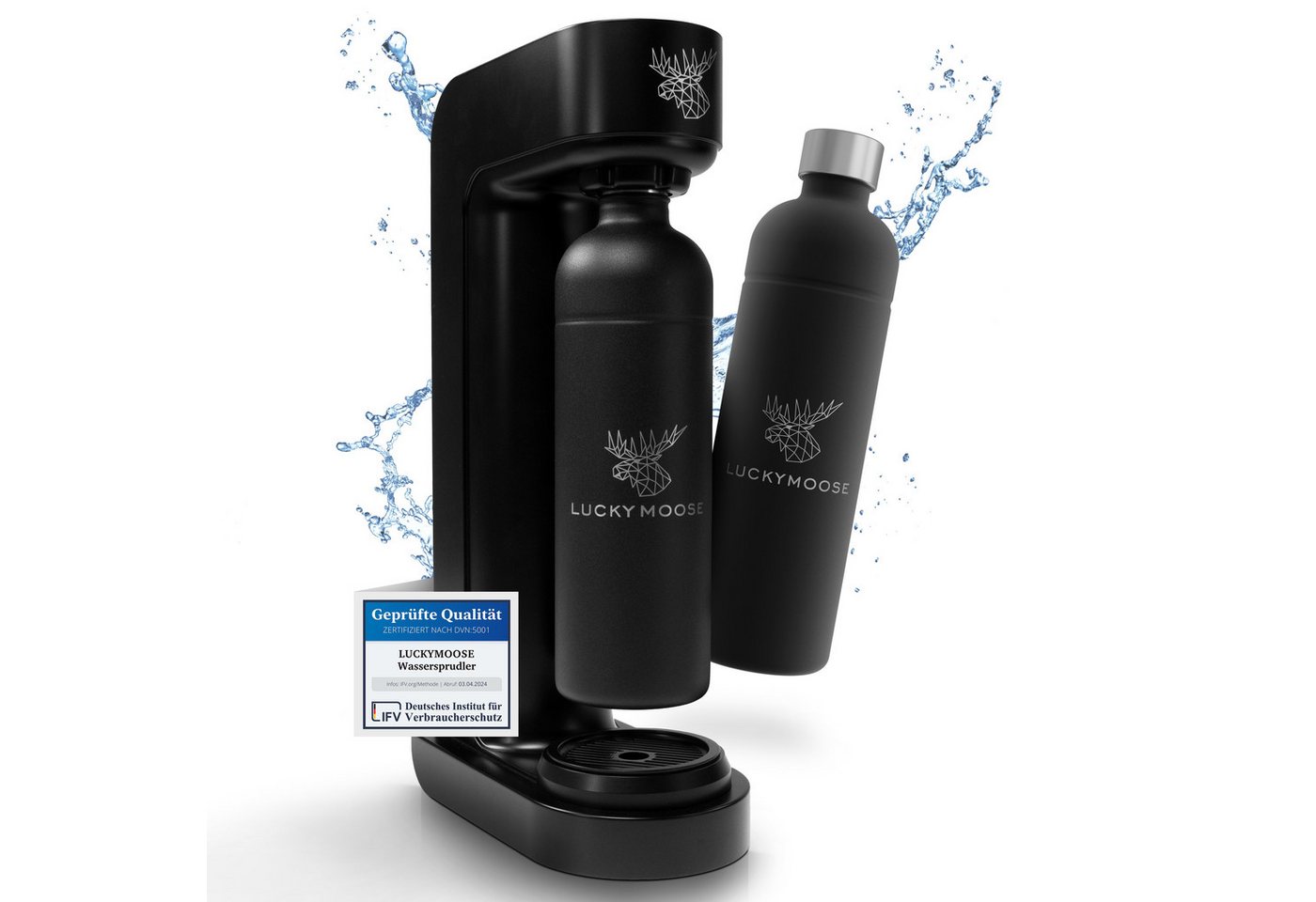 Luckymoose Wassersprudler Infinity mit 2x 1,25L spülmaschinenfesten Edelstahlflaschen, (2x Schwarz-tlg), Spart bis zu 25% CO2, Flaschen spülmaschinenfest & ohne Ablaufdatum