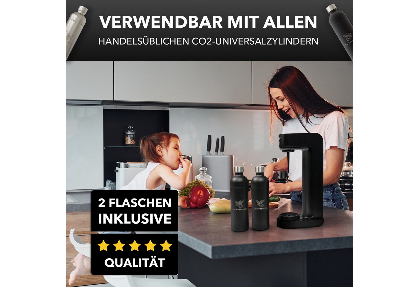 Luckymoose Wassersprudler Infinity mit 2x 1,25L spülmaschinenfesten Edelstahlflaschen, (2x Schwarz-tlg), Spart bis zu 25% CO2, Flaschen spülmaschinenfest & ohne Ablaufdatum Bild 2