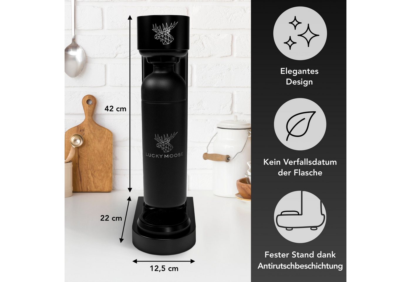 Luckymoose Wassersprudler Infinity mit 2x 1,25L spülmaschinenfesten Edelstahlflaschen, (2x Schwarz-tlg), Spart bis zu 25% CO2, Flaschen spülmaschinenfest & ohne Ablaufdatum Bild 4