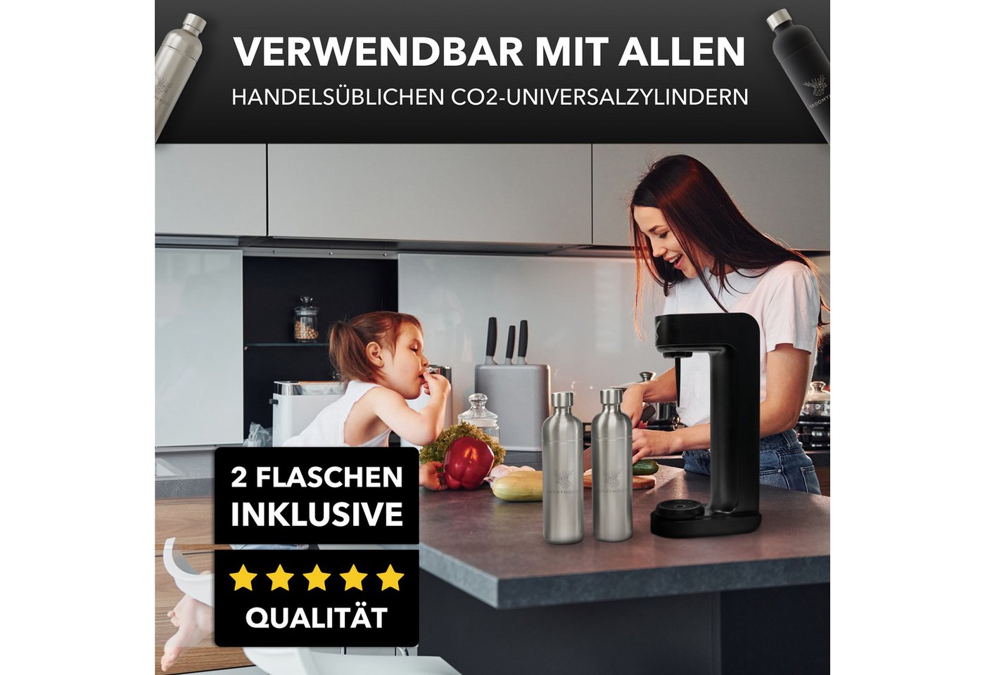 Luckymoose Wassersprudler Infinity mit 2x 1,25L spülmaschinenfesten Edelstahlflaschen, (2x Silber-tlg), Spart bis zu 25% CO2, Flaschen spülmaschinenfest & ohne Ablaufdatum
