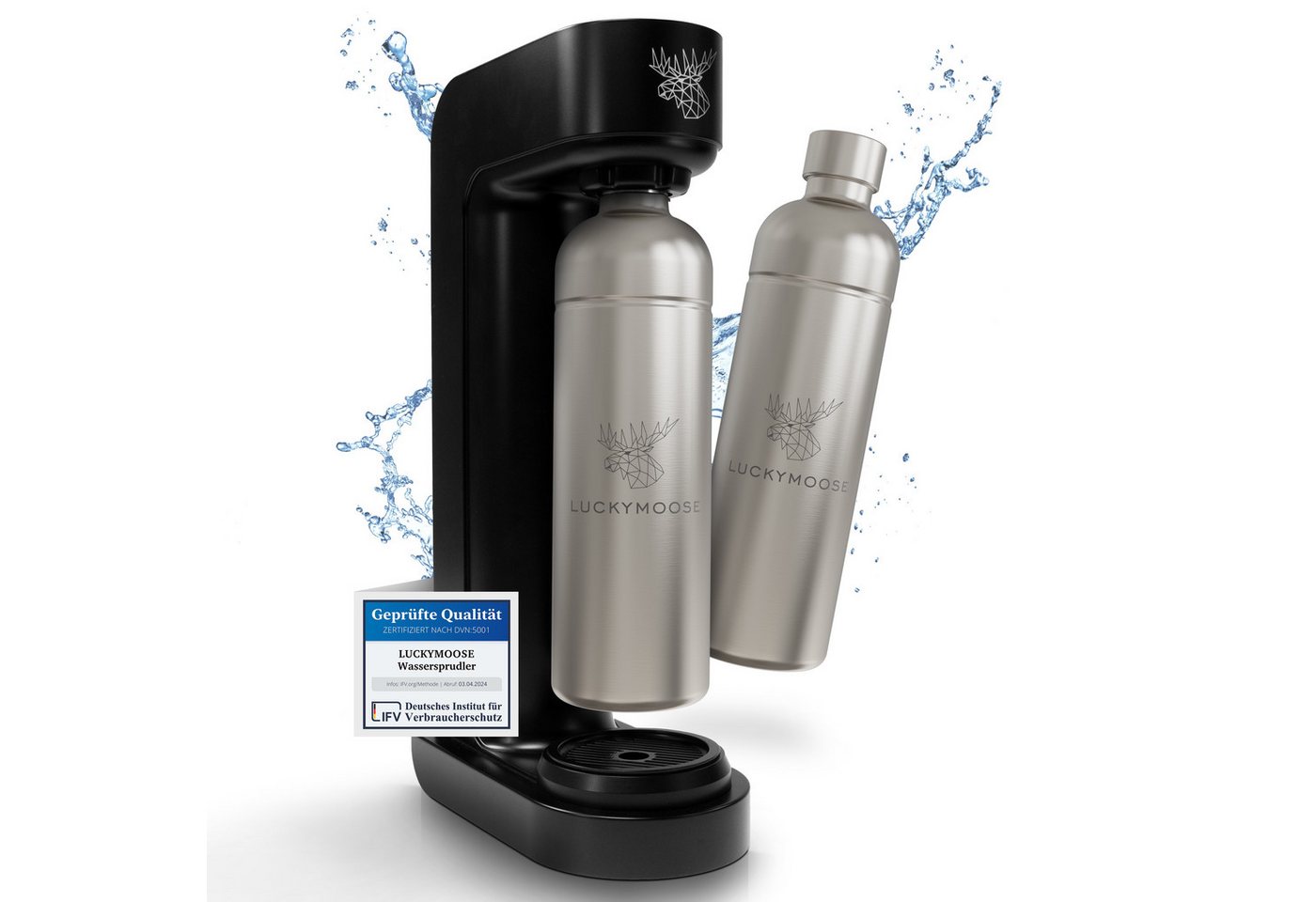 Luckymoose Wassersprudler Infinity mit 2x 1,25L spülmaschinenfesten Edelstahlflaschen, (2x Silber-tlg), Spart bis zu 25% CO2, Flaschen spülmaschinenfest & ohne Ablaufdatum Bild 2