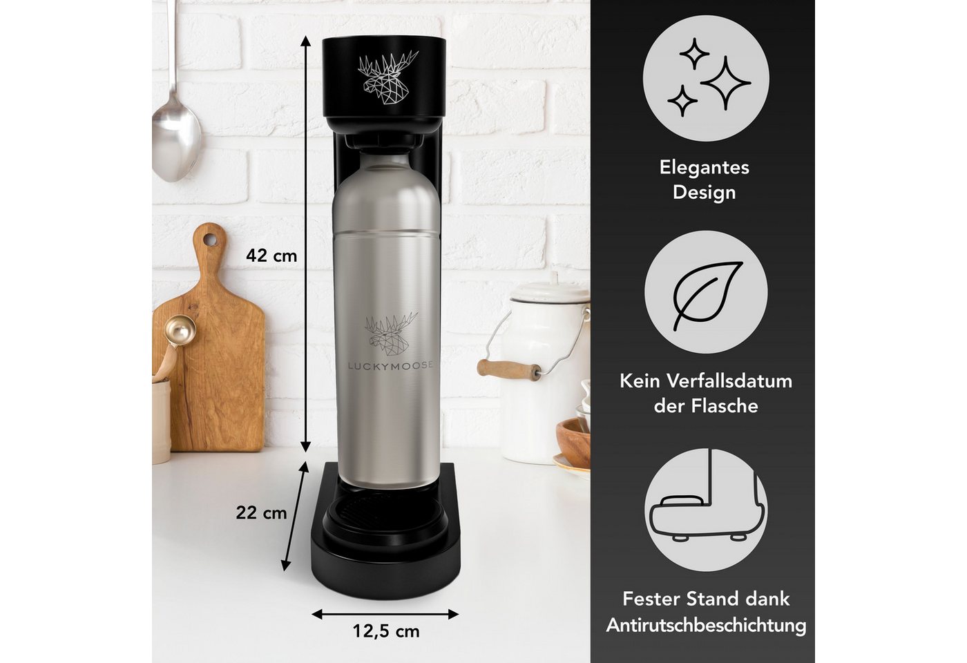 Luckymoose Wassersprudler Infinity mit 2x 1,25L spülmaschinenfesten Edelstahlflaschen, (2x Silber-tlg), Spart bis zu 25% CO2, Flaschen spülmaschinenfest & ohne Ablaufdatum Bild 4