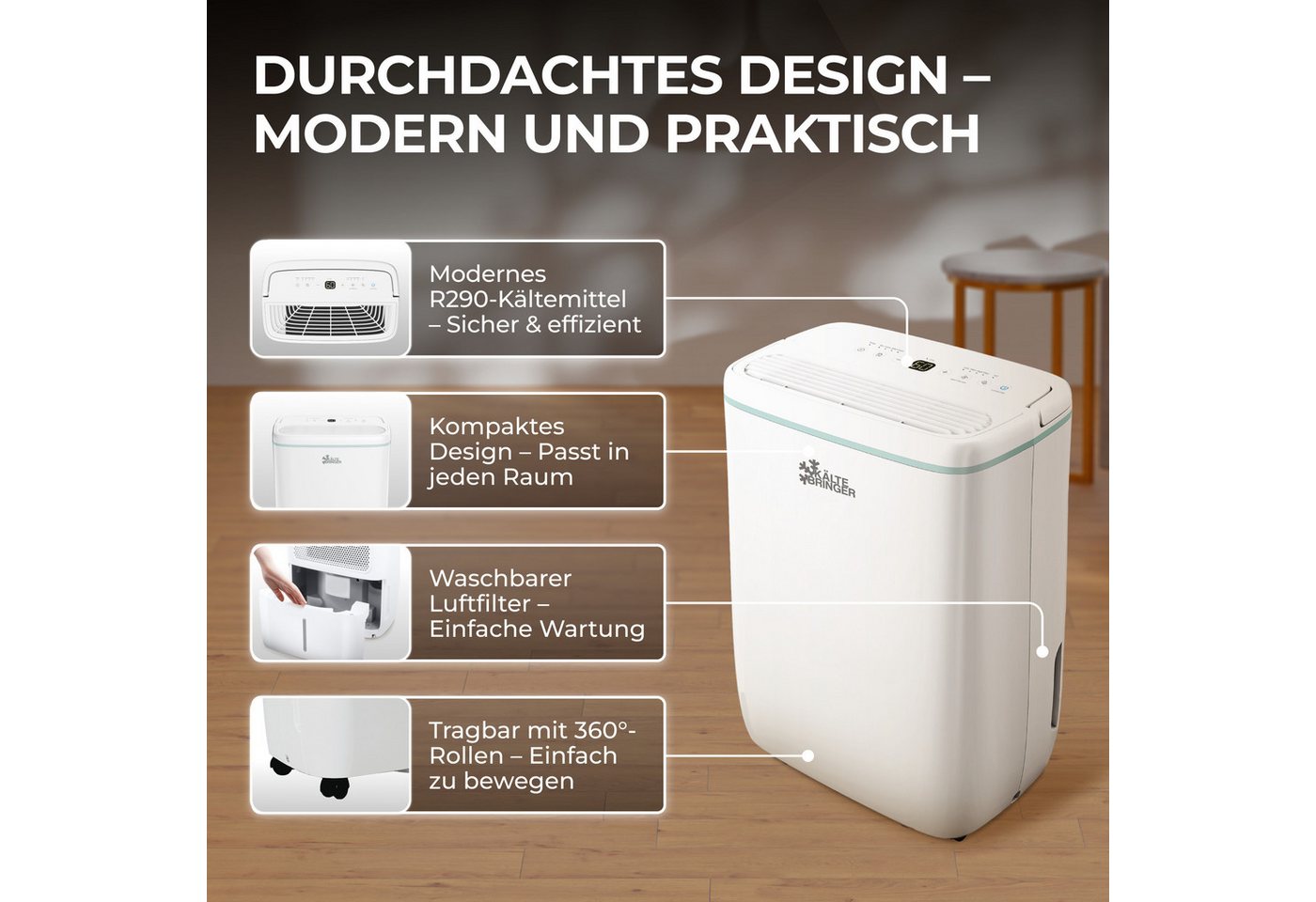 Kältebringer Luftentfeuchter, 12L/24h, bis 35m² (87m), LED Display, sehr leise & energiesparend
