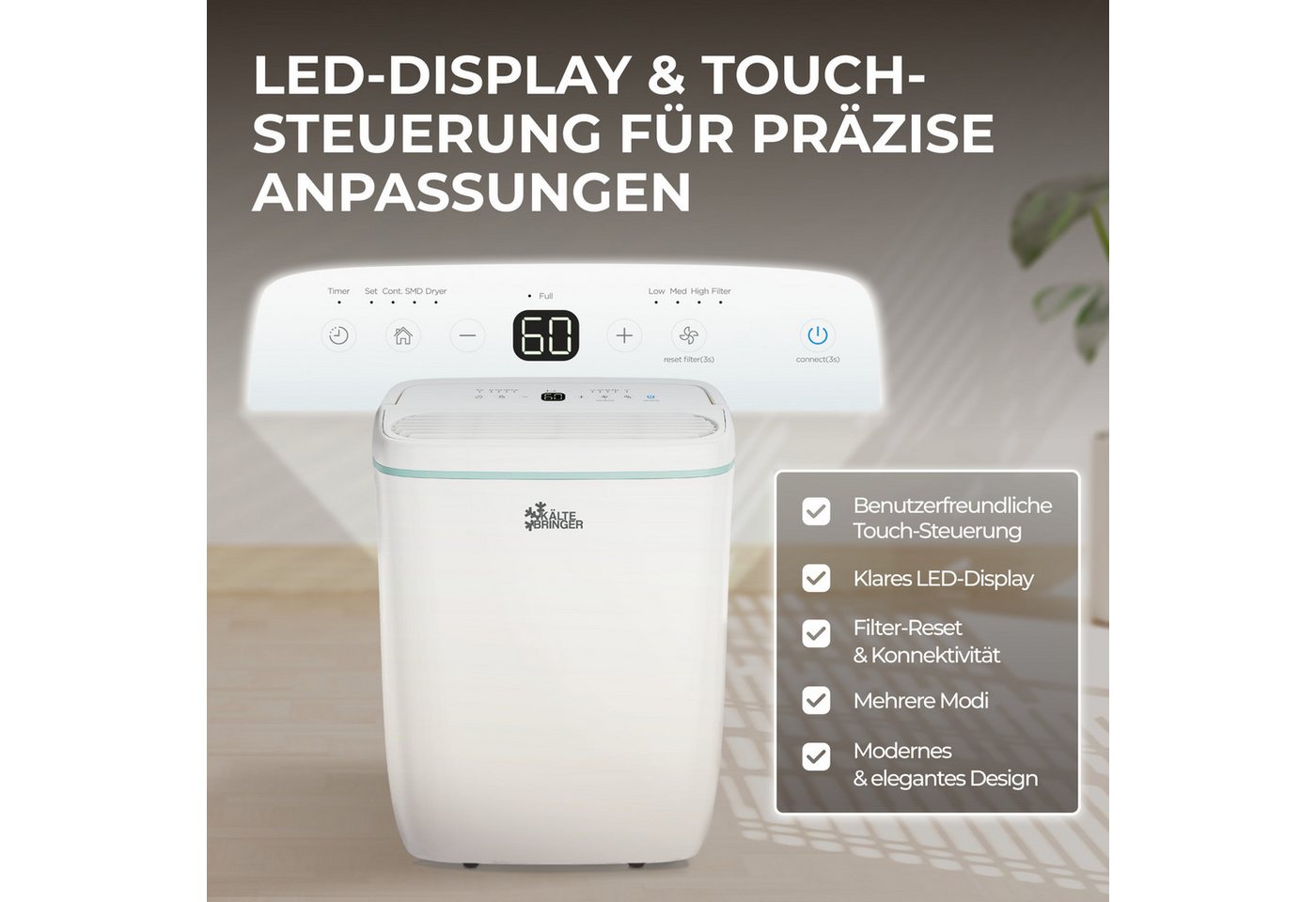 Kältebringer Luftentfeuchter, 12L/24h, bis 35m² (87m), LED Display, sehr leise & energiesparend Bild 5