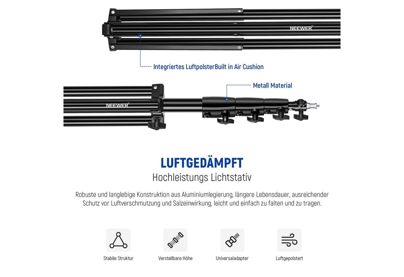 Neewer ST-400AC 4m Lichtstativ, Luftgepolstertes Heavy Duty Metallstativ Lampenstativ (Höhenverstellbar 137–400cm, Tragfähigkeit: 3kg, für Fotografie Lampen) Bild 2