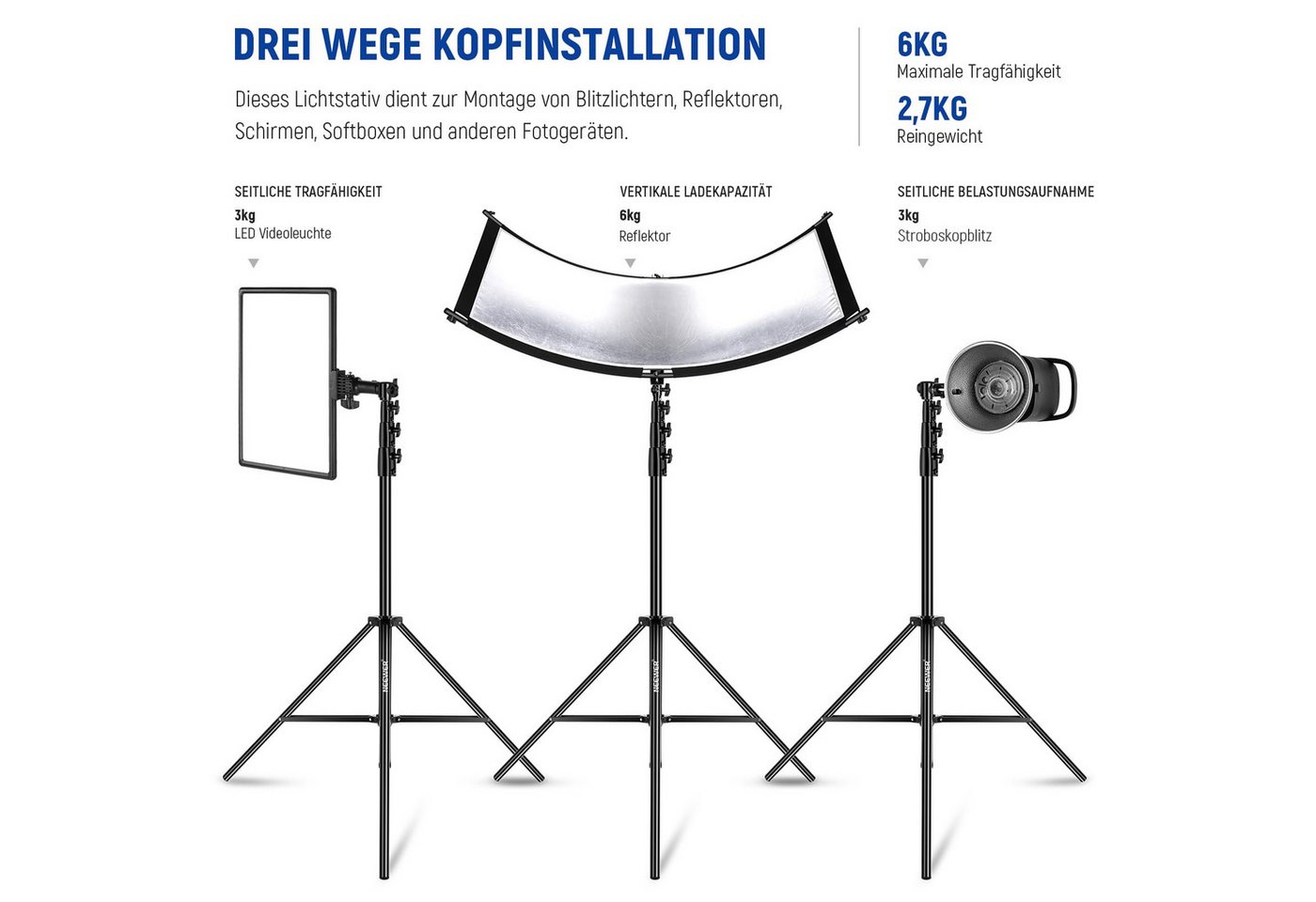 Neewer ST-400AC 4m Lichtstativ, Luftgepolstertes Heavy Duty Metallstativ Lampenstativ (Höhenverstellbar 137–400cm, Tragfähigkeit: 3kg, für Fotografie Lampen) Bild 4