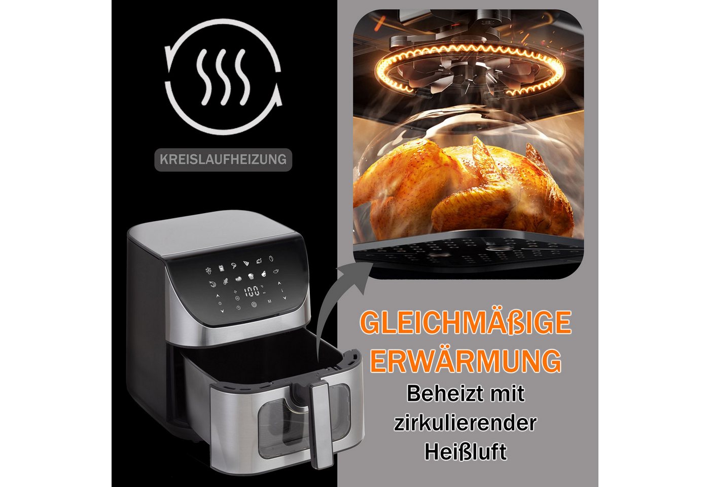 WHEELYOU Heißluftfritteuse 8.5 L Airfryer – 1800 W, Sichtfenster & LED-Display für fettarmes Kochen, 1800,00 W, Fettarmes Kochen, vielseitig & family‑geeignet – Knusprige Ergebnisse