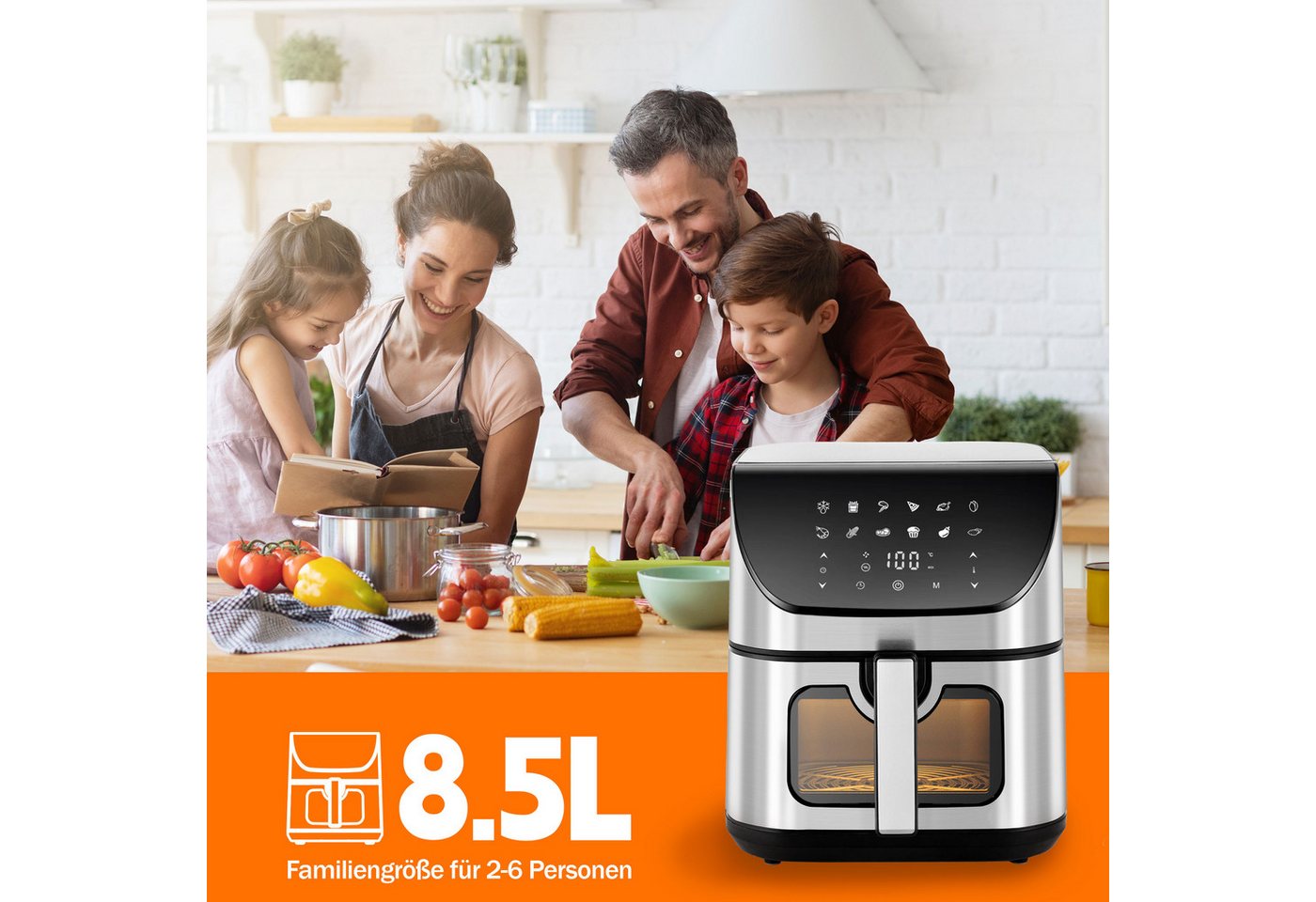 WHEELYOU Heißluftfritteuse 8.5 L Airfryer – 1800 W, Sichtfenster & LED-Display für fettarmes Kochen, 1800,00 W, Fettarmes Kochen, vielseitig & family‑geeignet – Knusprige Ergebnisse Bild 3
