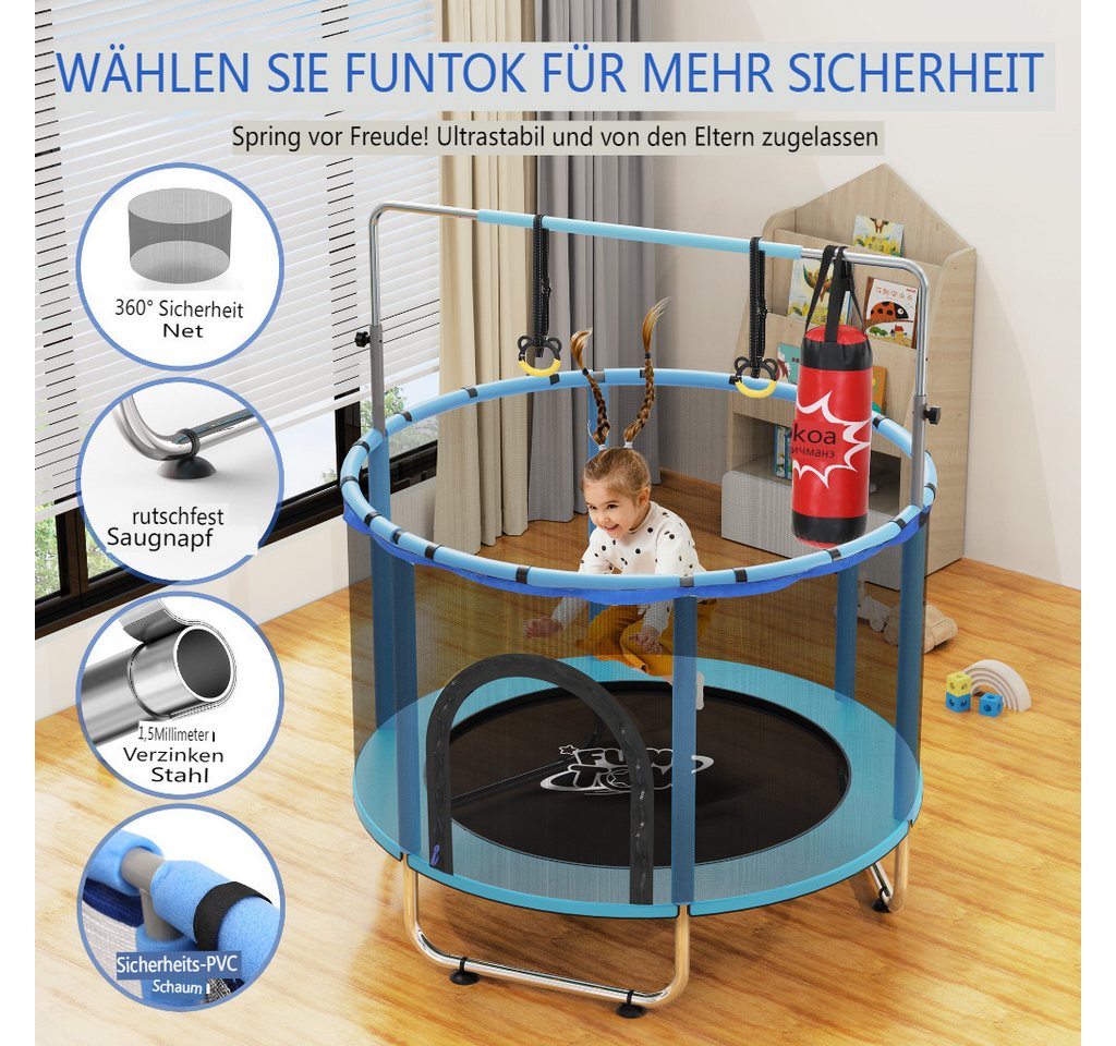 Insma Kindertrampolin Jumpingtrampolin Indoor Trampolin, Ø 140 cm, mit Sicherheitsnetz, Schaukel,Basketballkorb,Ring, Sandsack bis 200kg Bild 2