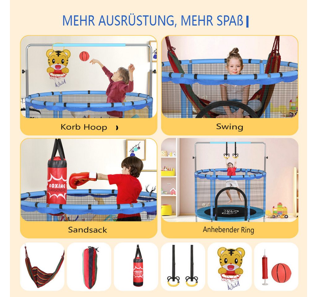Insma Kindertrampolin Jumpingtrampolin Indoor Trampolin, Ø 140 cm, mit Sicherheitsnetz, Schaukel,Basketballkorb,Ring, Sandsack bis 200kg Bild 3