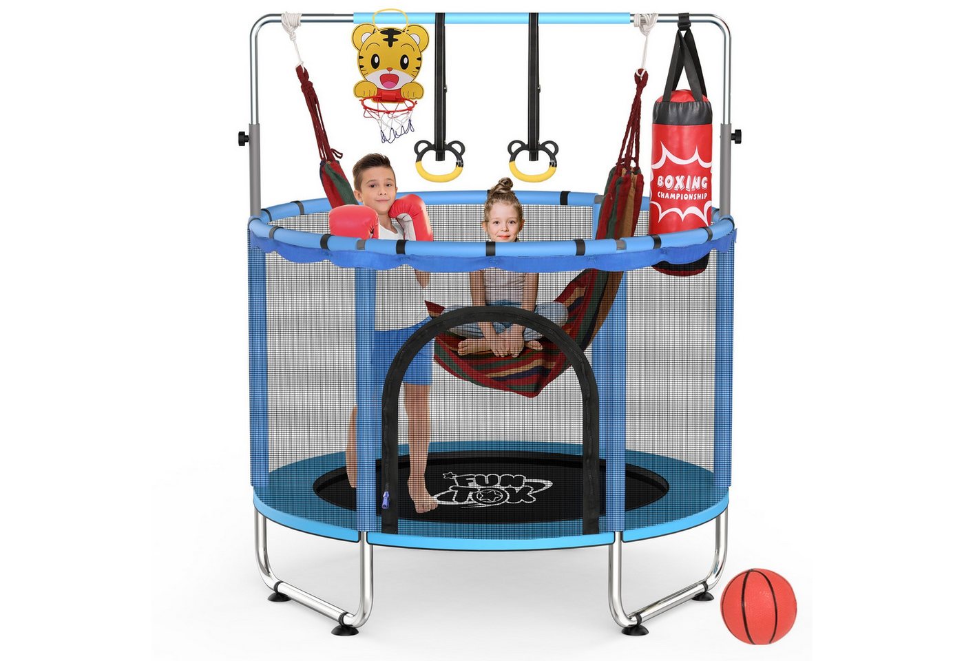 Insma Kindertrampolin Jumpingtrampolin Indoor Trampolin, Ø 140 cm, mit Sicherheitsnetz, Schaukel,Basketballkorb,Ring, Sandsack bis 200kg Bild 4