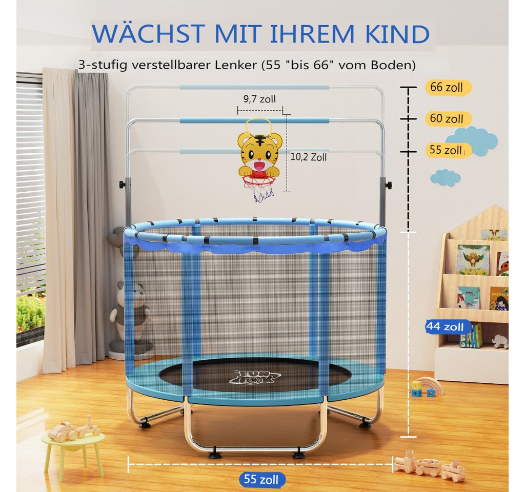 Insma Kindertrampolin Jumpingtrampolin Indoor Trampolin, Ø 140 cm, mit Sicherheitsnetz, Schaukel,Basketballkorb,Ring, Sandsack bis 200kg Bild 5