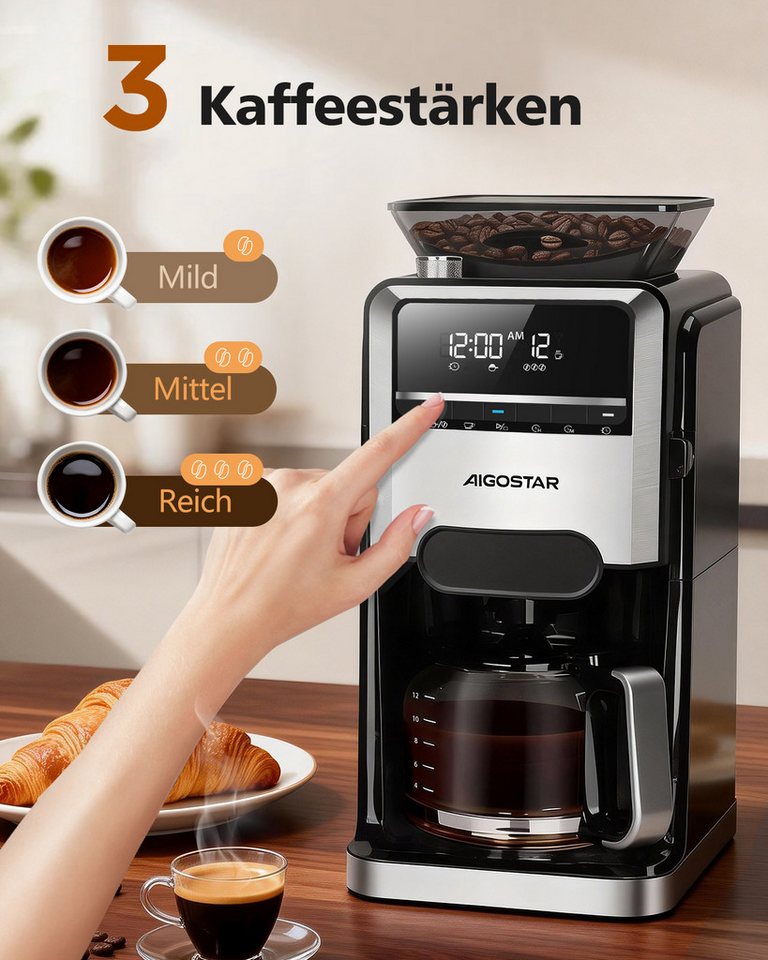 Aigostar Kaffeemaschine mit Mahlwerk, 1.5l Kaffeekanne, Wiederverwendbare Filter, Warmhaltefunktion, Selbstreinigungsfunktion, Intelligente Erinnerung