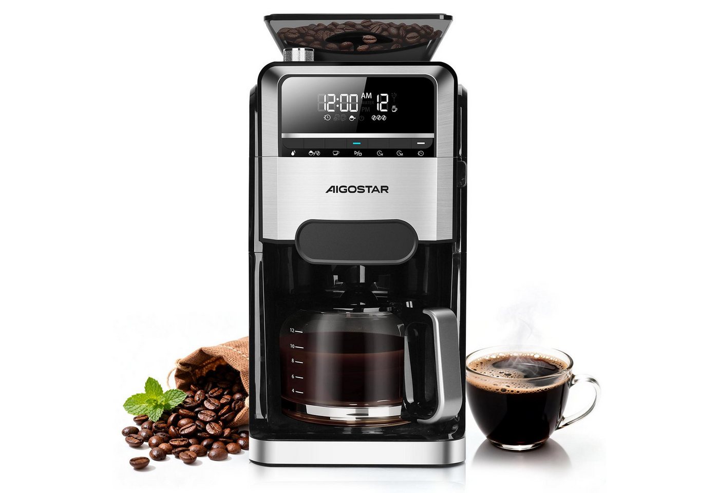 Aigostar Kaffeemaschine mit Mahlwerk, 1.5l Kaffeekanne, Wiederverwendbare Filter, Warmhaltefunktion, Selbstreinigungsfunktion, Intelligente Erinnerung Bild 2