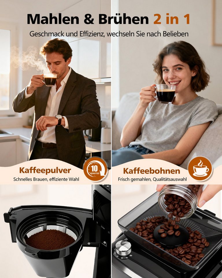 Aigostar Kaffeemaschine mit Mahlwerk, 1.5l Kaffeekanne, Wiederverwendbare Filter, Warmhaltefunktion, Selbstreinigungsfunktion, Intelligente Erinnerung Bild 3