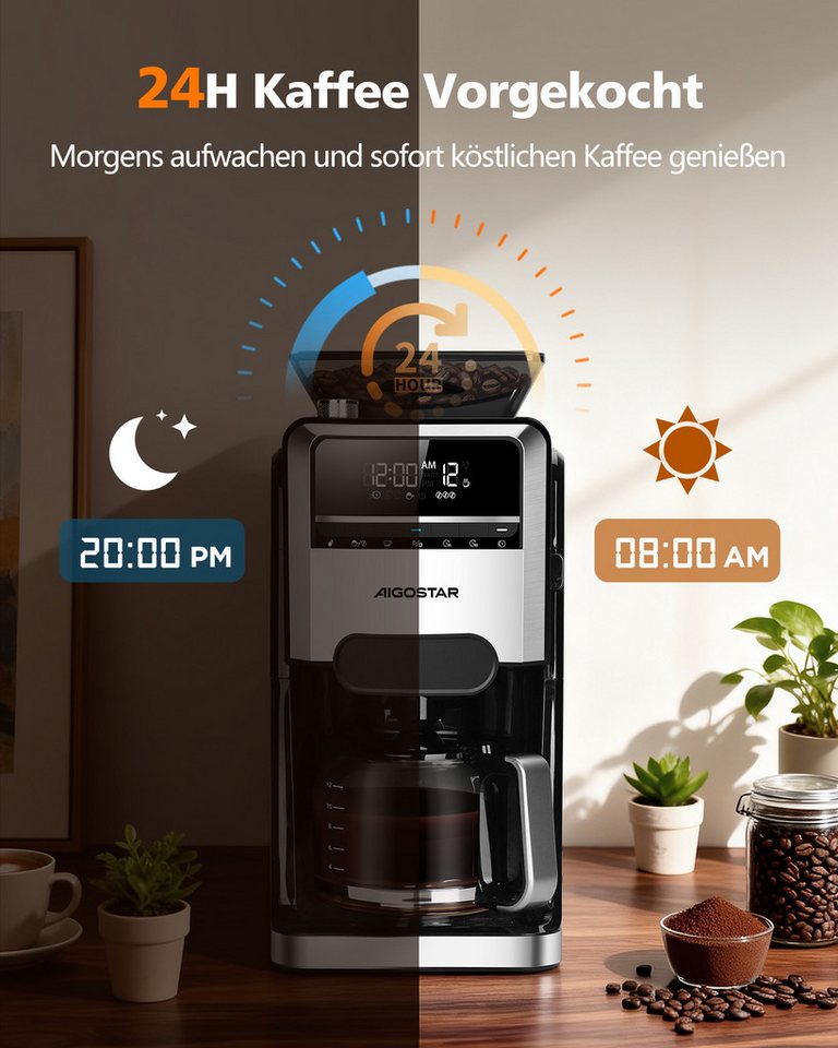 Aigostar Kaffeemaschine mit Mahlwerk, 1.5l Kaffeekanne, Wiederverwendbare Filter, Warmhaltefunktion, Selbstreinigungsfunktion, Intelligente Erinnerung Bild 4