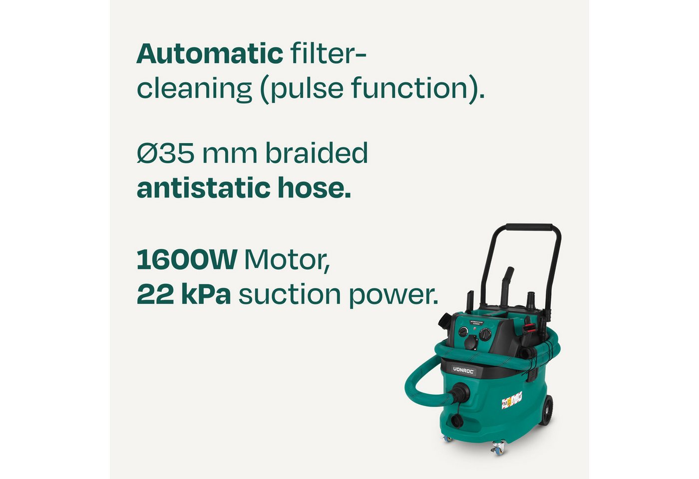 VONROC Nass-Trocken-Sauger – M-Klasse – 22 kPa – Automatische Filterreinigung (Pulsfunktion), 1600 W, beutellos, – HEPA H14 – 40L Tank – Antistatischer Schlauch Ø35 mm Bild 4