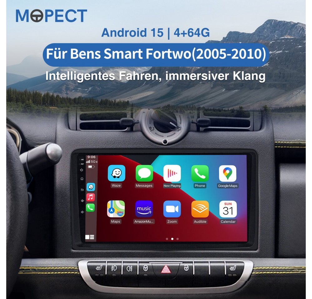 MOPECT Für Smart Fortwo 451 2005-2015 Android 15 NAVI Autoradio (RDS, Digitalradio (DAB), FM, 2 DIN Carplay Bluetooth Navigationsgeräte Rückfahrkamera(optional)