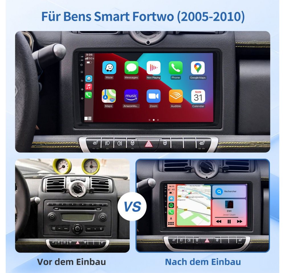 MOPECT Für Smart Fortwo 451 2005-2015 Android 15 NAVI Autoradio (RDS, Digitalradio (DAB), FM, 2 DIN Carplay Bluetooth Navigationsgeräte Rückfahrkamera(optional) Bild 3
