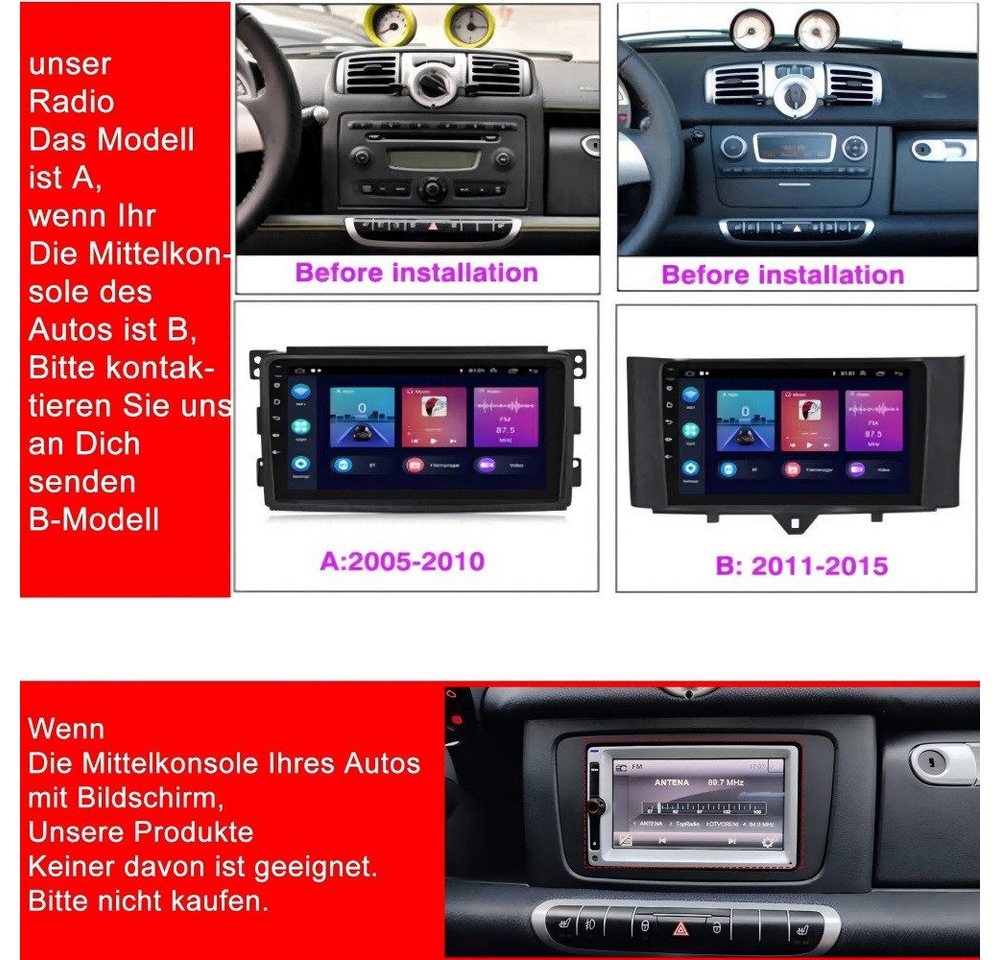 MOPECT Für Smart Fortwo 451 2005-2015 Android 15 NAVI Autoradio (RDS, Digitalradio (DAB), FM, 2 DIN Carplay Bluetooth Navigationsgeräte Rückfahrkamera(optional) Bild 4
