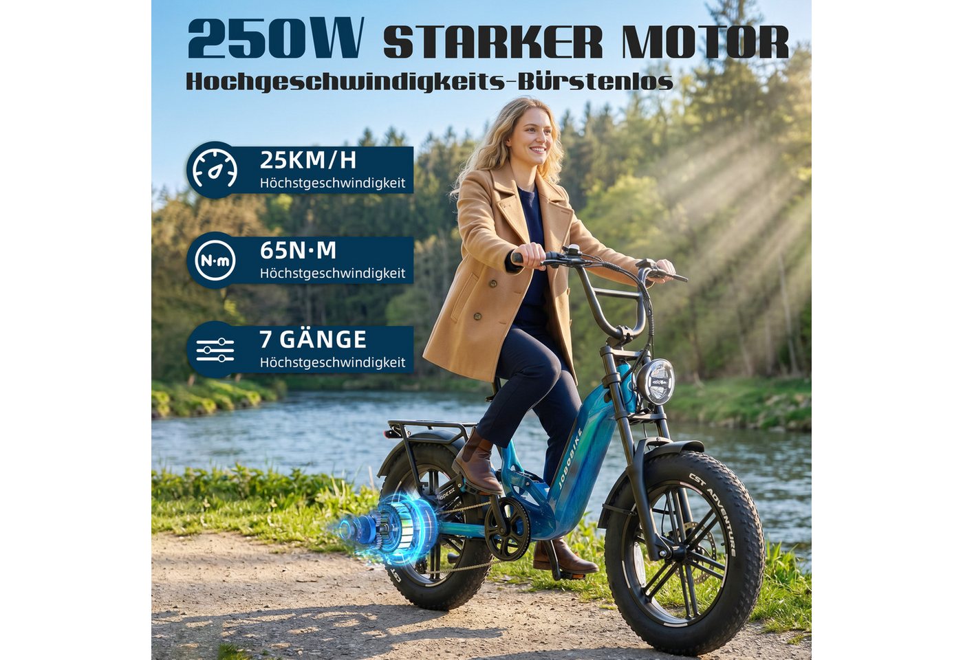 JOBOBIKE E-Bike Mountainbike 20x4,0 Zoll, 720Wh, 150km, Fully, Vollfederung, Lockout-Federgabel, 7 Gang Shimano, Kettenschaltung, Heckmotor, 720 Wh, (Hinterradfederung, LCD-Farbdisplay, integrierte & speichenlose Laufräder), Drehmomentsensor, 130 Lux Frontlicht, Bremslicht, Hydr. Bremsen Bild 2