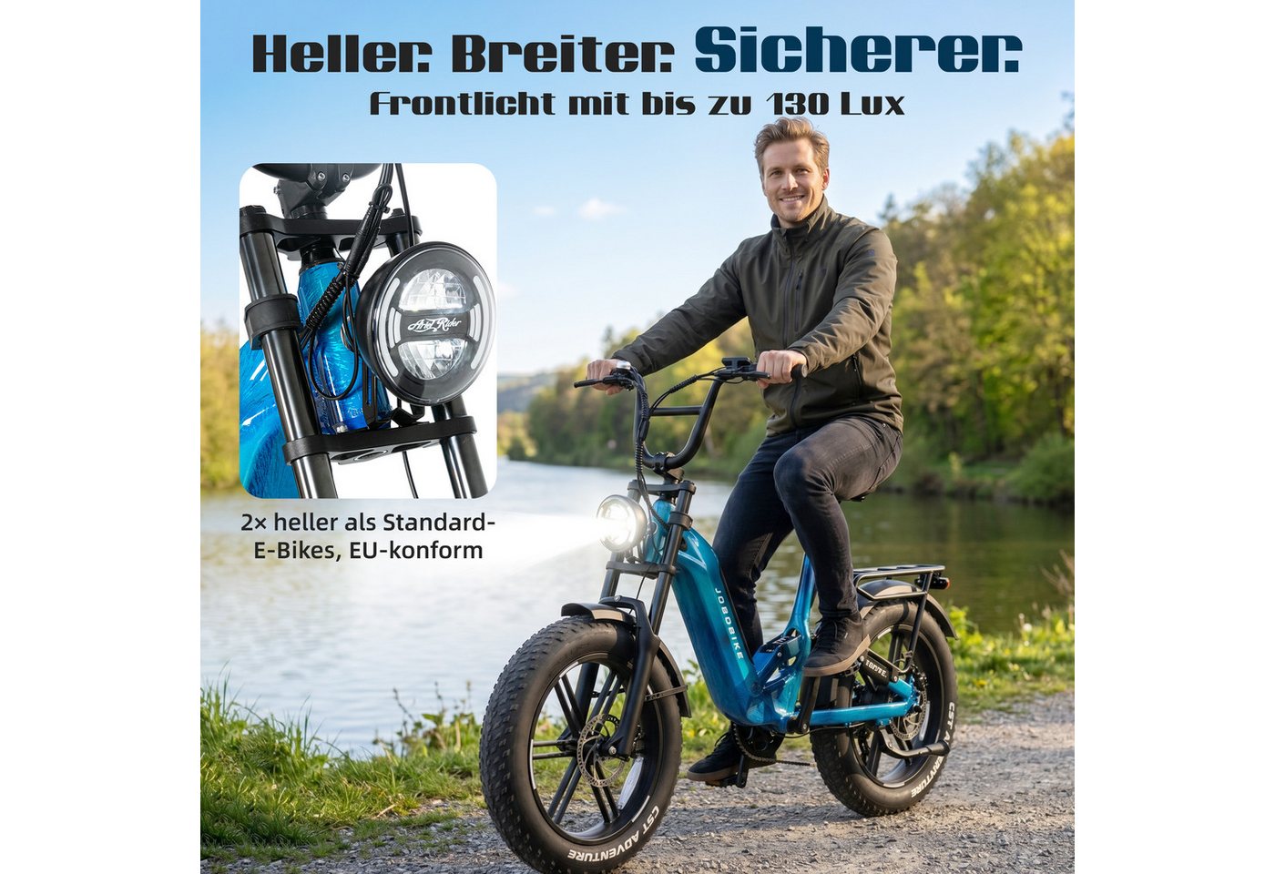 JOBOBIKE E-Bike Mountainbike 20x4,0 Zoll, 720Wh, 150km, Fully, Vollfederung, Lockout-Federgabel, 7 Gang Shimano, Kettenschaltung, Heckmotor, 720 Wh, (Hinterradfederung, LCD-Farbdisplay, integrierte & speichenlose Laufräder), Drehmomentsensor, 130 Lux Frontlicht, Bremslicht, Hydr. Bremsen Bild 4