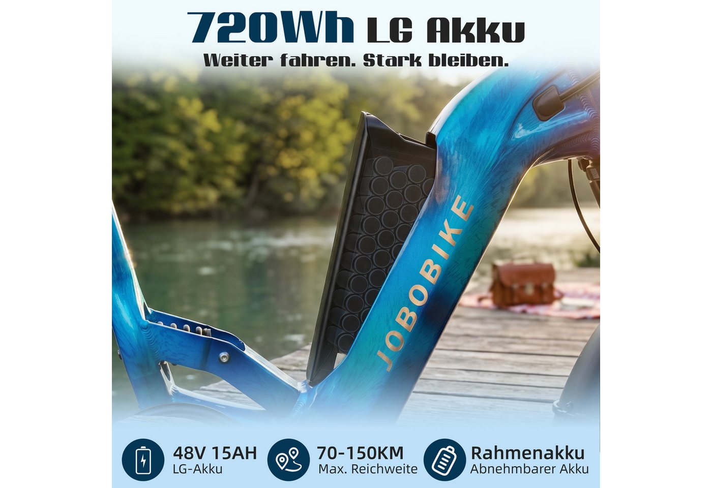 JOBOBIKE E-Bike Mountainbike 20x4,0 Zoll, 720Wh, 150km, Fully, Vollfederung, Lockout-Federgabel, 7 Gang Shimano, Kettenschaltung, Heckmotor, 720 Wh, (Hinterradfederung, LCD-Farbdisplay, integrierte & speichenlose Laufräder), Drehmomentsensor, 130 Lux Frontlicht, Bremslicht, Hydr. Bremsen Bild 5