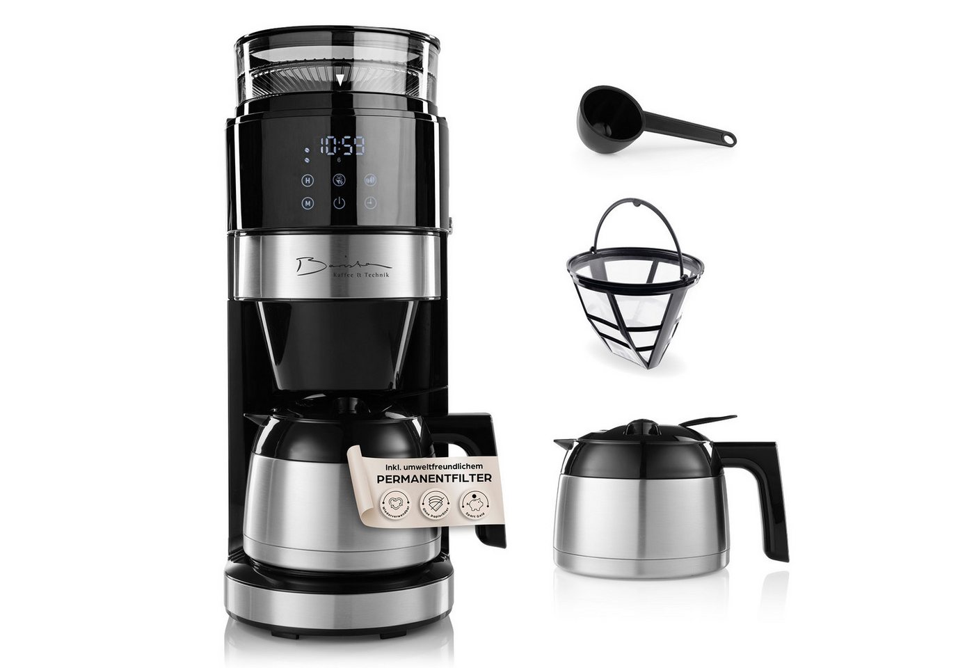 Barista Filterkaffeemaschine mit digitalem Touch-Display mit Mahlwerk + Kanne, mit verstellbarem Mahlwerk, 24h Timer & Permanentfilter Bild 2