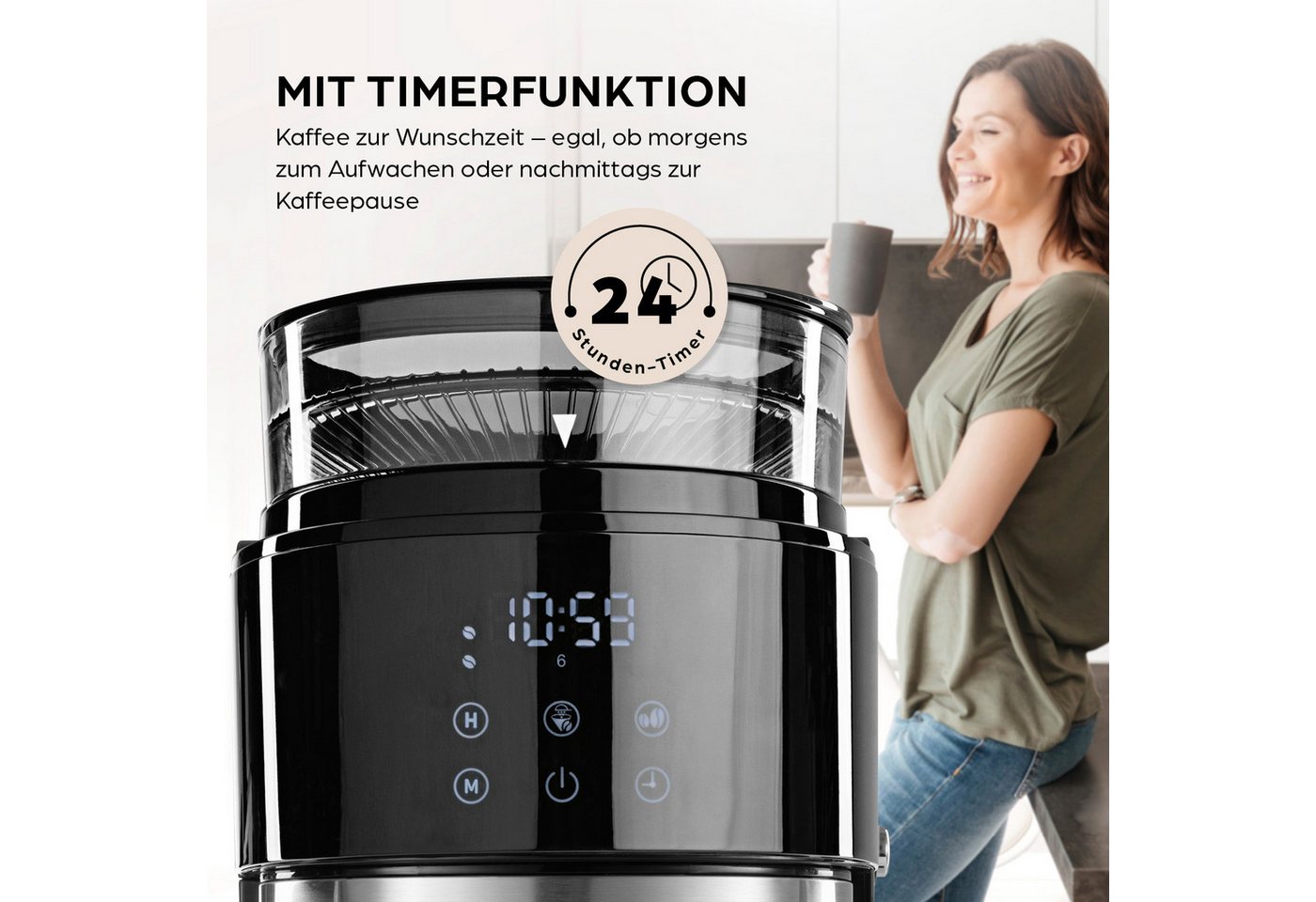 Barista Filterkaffeemaschine mit digitalem Touch-Display mit Mahlwerk + Kanne, mit verstellbarem Mahlwerk, 24h Timer & Permanentfilter Bild 4