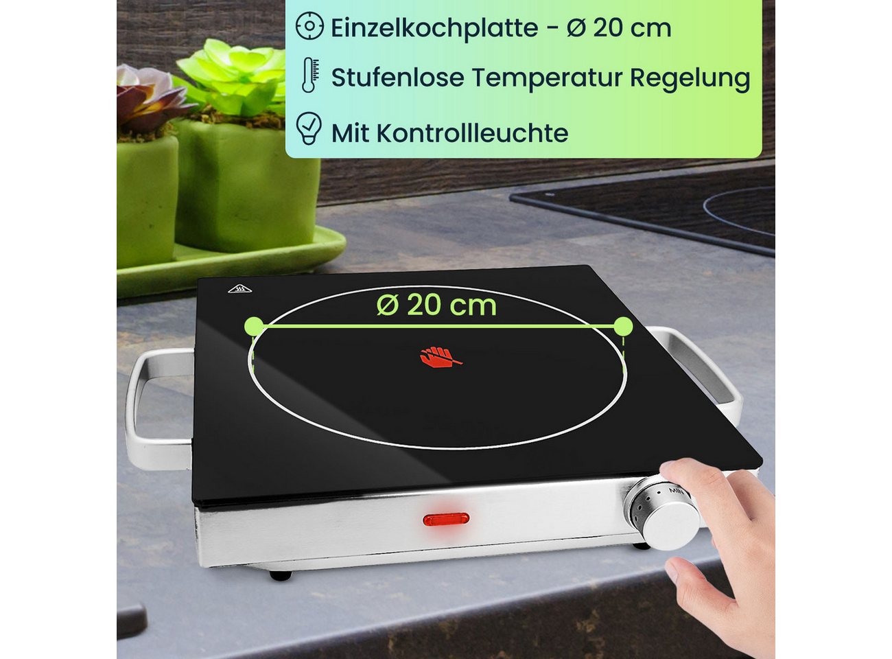 Casativo Einzelkochplatte Mobile Glaskeramik Kochplatte Infrarot-Wärme Ø20cm 2000W IP64, 1er & 2er-Set, stufenlose Temperaturregelung, 35 x 7,6 x 30cm Bild 2