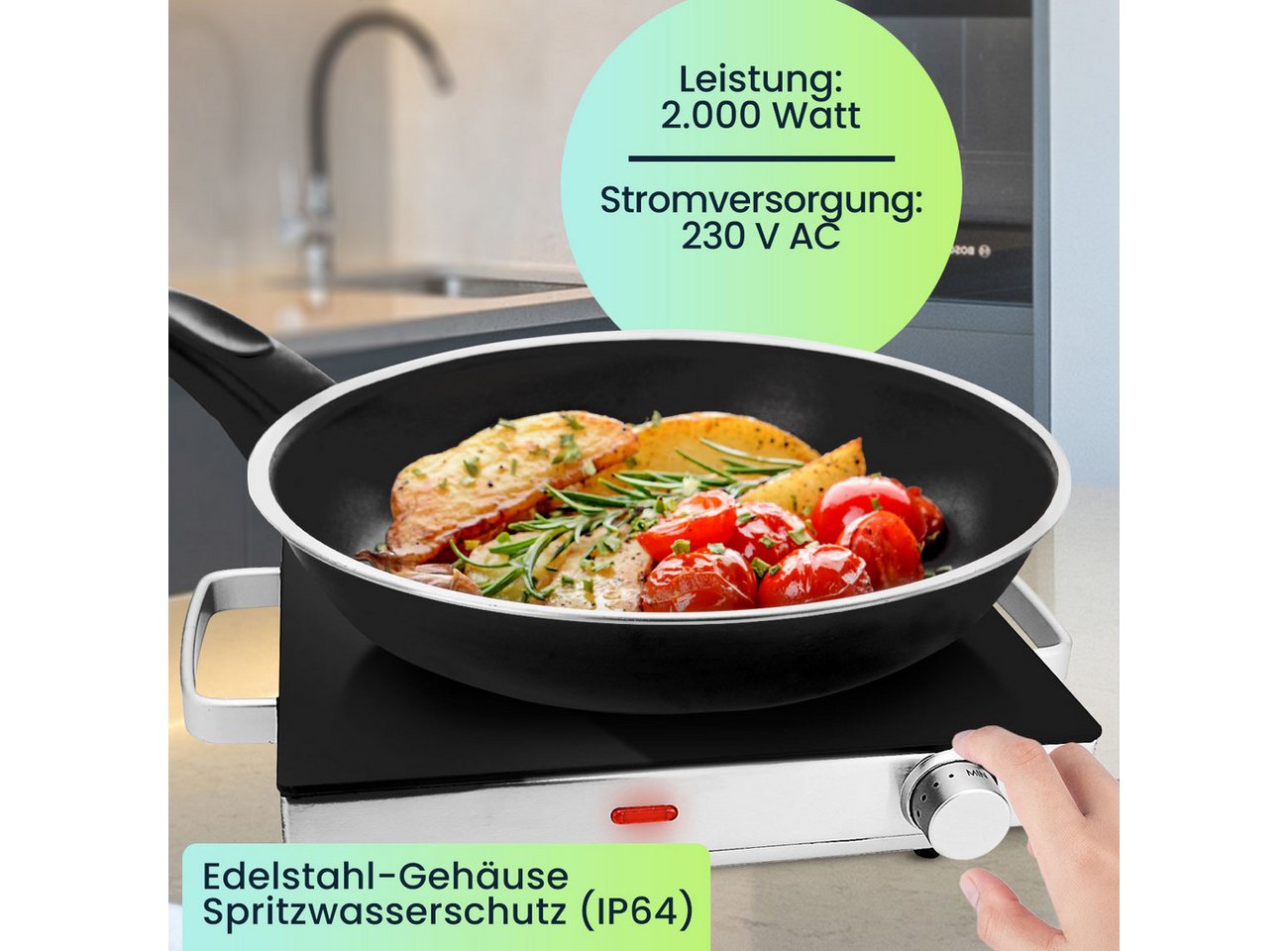 Casativo Einzelkochplatte Mobile Glaskeramik Kochplatte Infrarot-Wärme Ø20cm 2000W IP64, 1er & 2er-Set, stufenlose Temperaturregelung, 35 x 7,6 x 30cm Bild 5