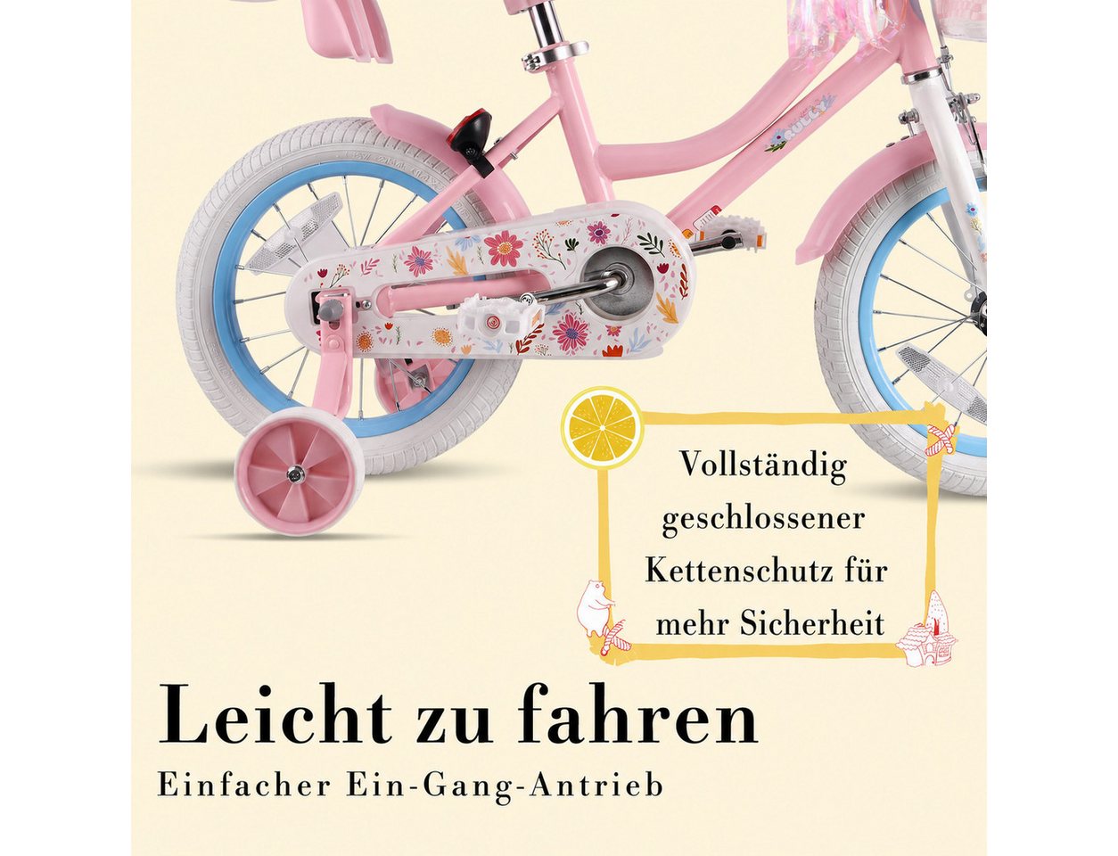 RULLY Kinderfahrrad Kinderfahrrad 12–16 Zoll für 2–6 Jahre, 1 Gang, Inkl. Korb, Puppensitz, Stützrädern, Schutzblechen & Klingel Bild 2