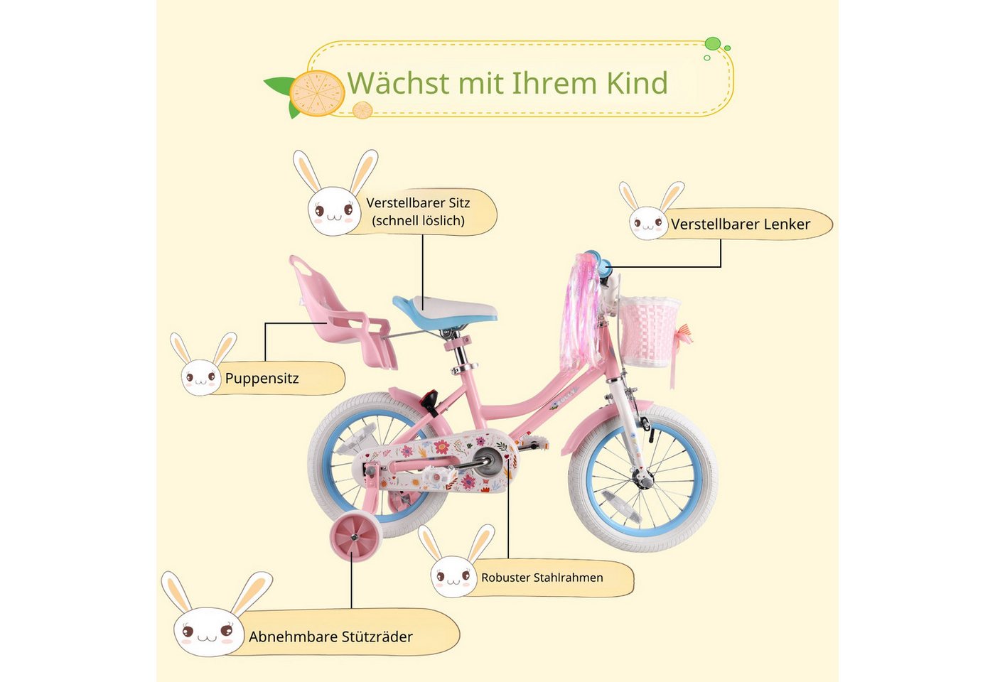 RULLY Kinderfahrrad Kinderfahrrad 12–16 Zoll für 2–6 Jahre, 1 Gang, Inkl. Korb, Puppensitz, Stützrädern, Schutzblechen & Klingel Bild 4