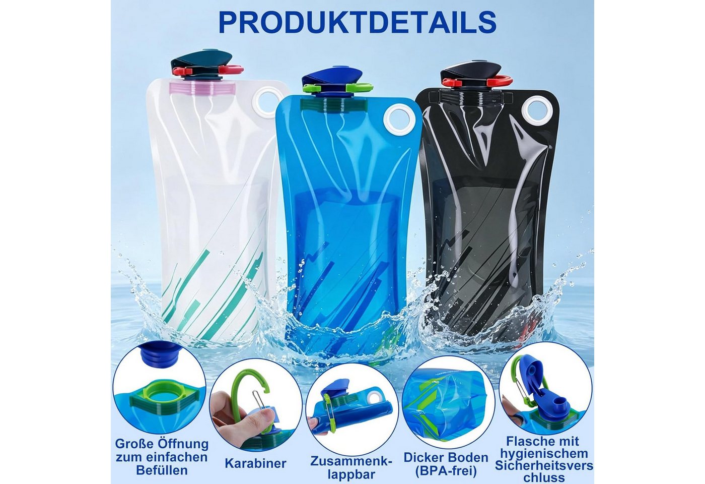 FELIXLEO Trinkflasche 1000ml 6 Stueck Faltbare Trinkflasche Wasserflasche Faltbar Reisen