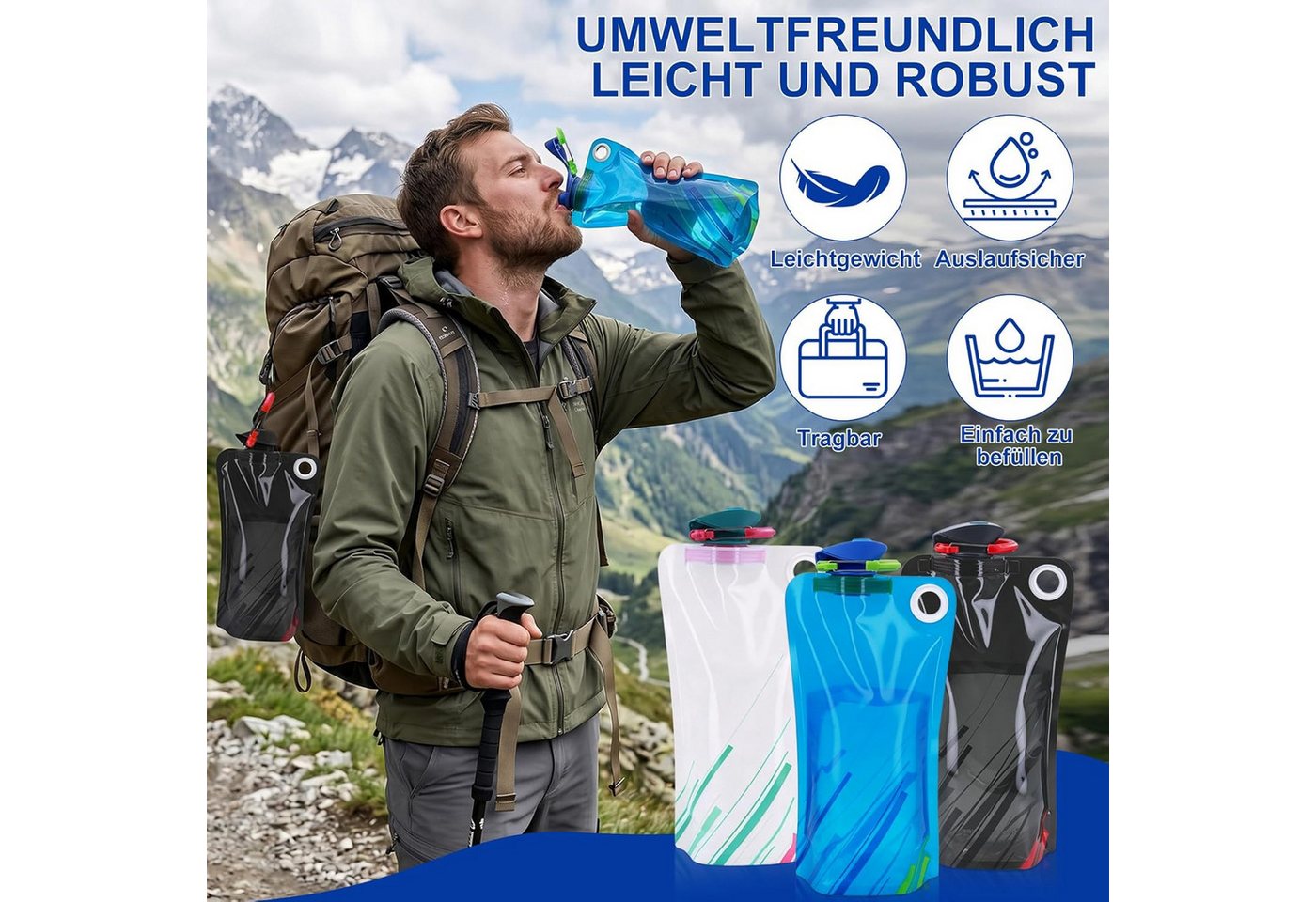 FELIXLEO Trinkflasche 1000ml 6 Stueck Faltbare Trinkflasche Wasserflasche Faltbar Reisen Bild 2