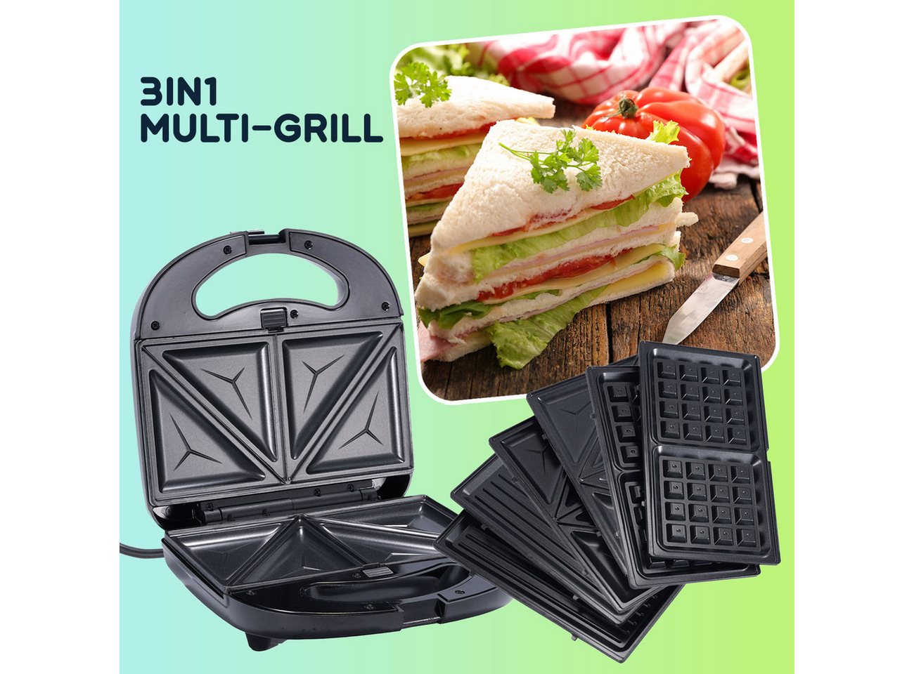 Casativo 3-in-1-Sandwichmaker 3-in-1 Multi-Grill 800W, Kontaktgrill, Sandwichmaker & Waffeleisen, 800 W, Wechselplatten für Sandwich, Waffeln & Grill, antihaft, inkl. Griff