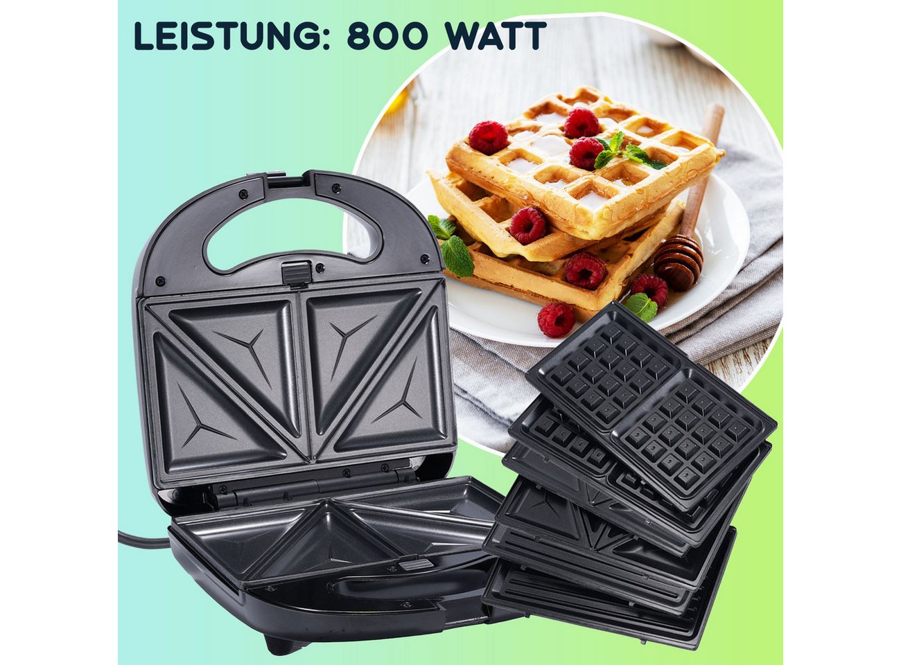 Casativo 3-in-1-Sandwichmaker 3-in-1 Multi-Grill 800W, Kontaktgrill, Sandwichmaker & Waffeleisen, 800 W, Wechselplatten für Sandwich, Waffeln & Grill, antihaft, inkl. Griff Bild 2